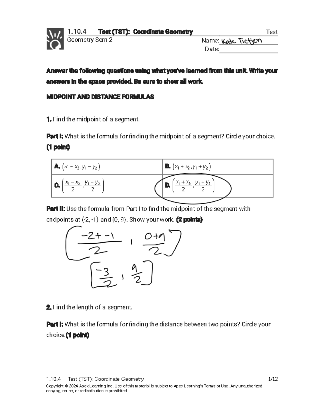 1.10.4 Test (TST): Coordinate Geometry - Midpoints, Slopes & Areas ...