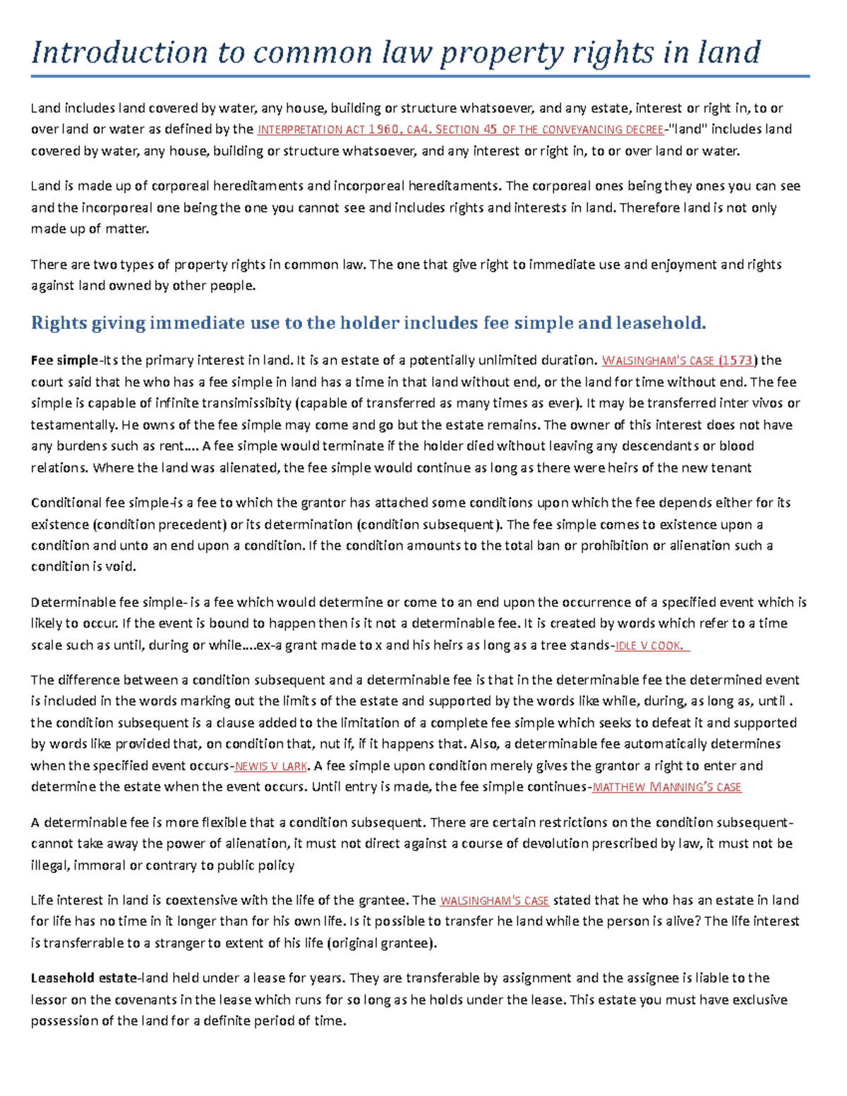 Land law exam notes - Introduction to common law property rights in ...