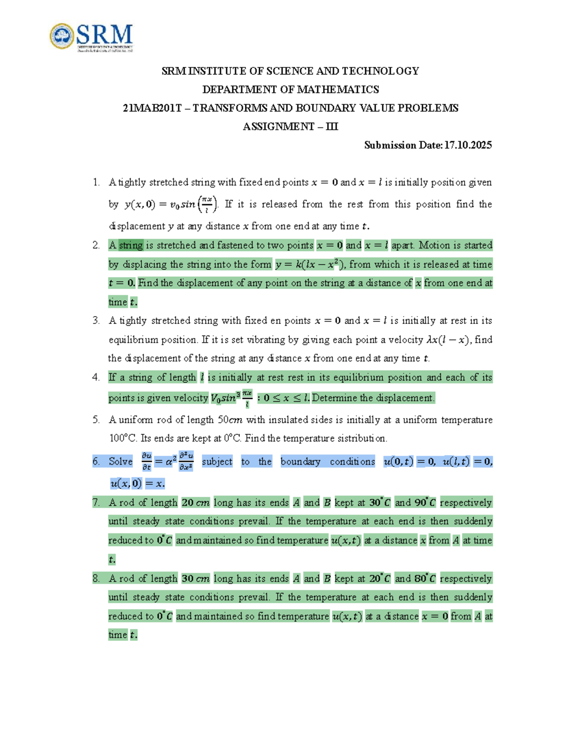 21MAB201T Transforms & Boundary Value Problems Assignment III - Studocu