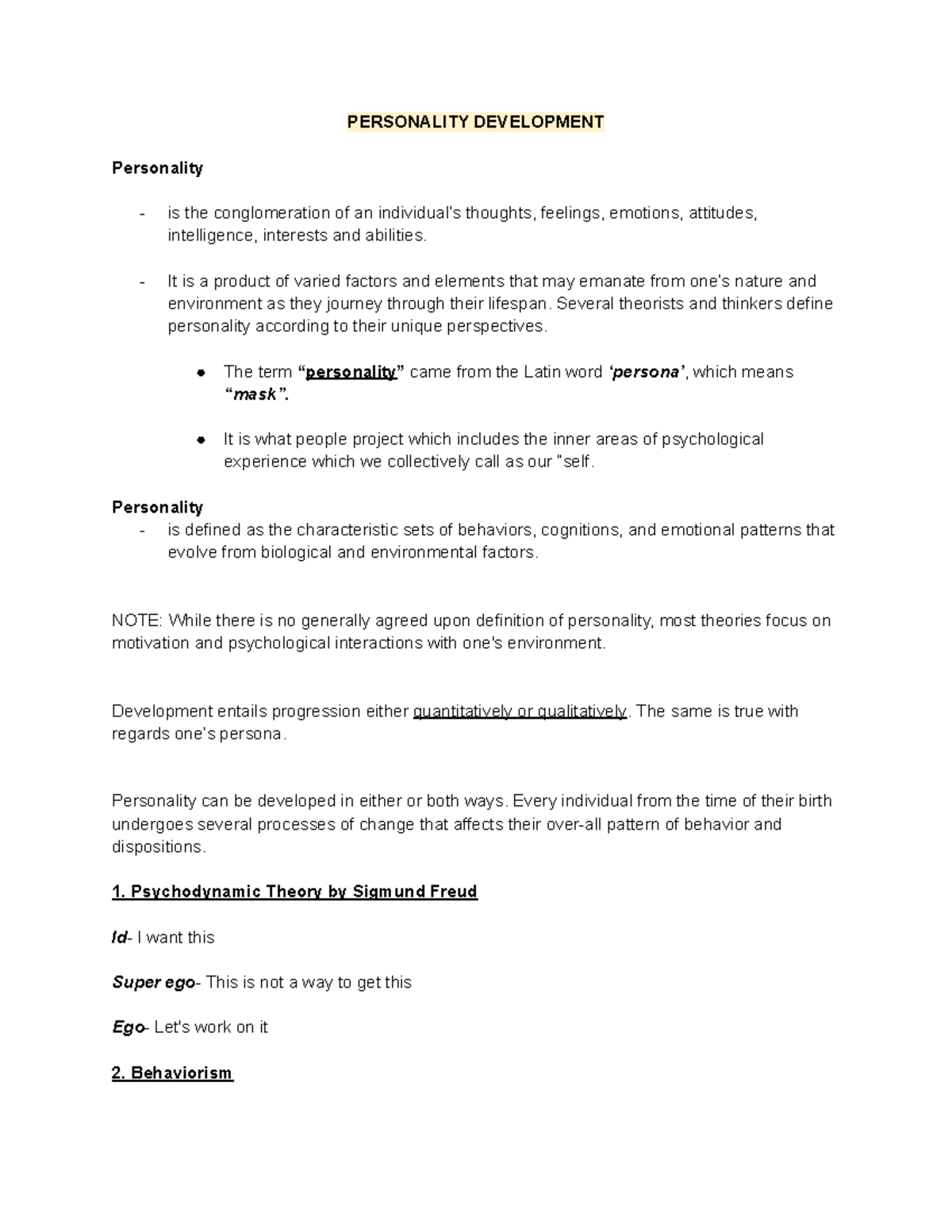 PERSONALITY DEVELOPMENT: Theories and Influences on Growth - Studocu