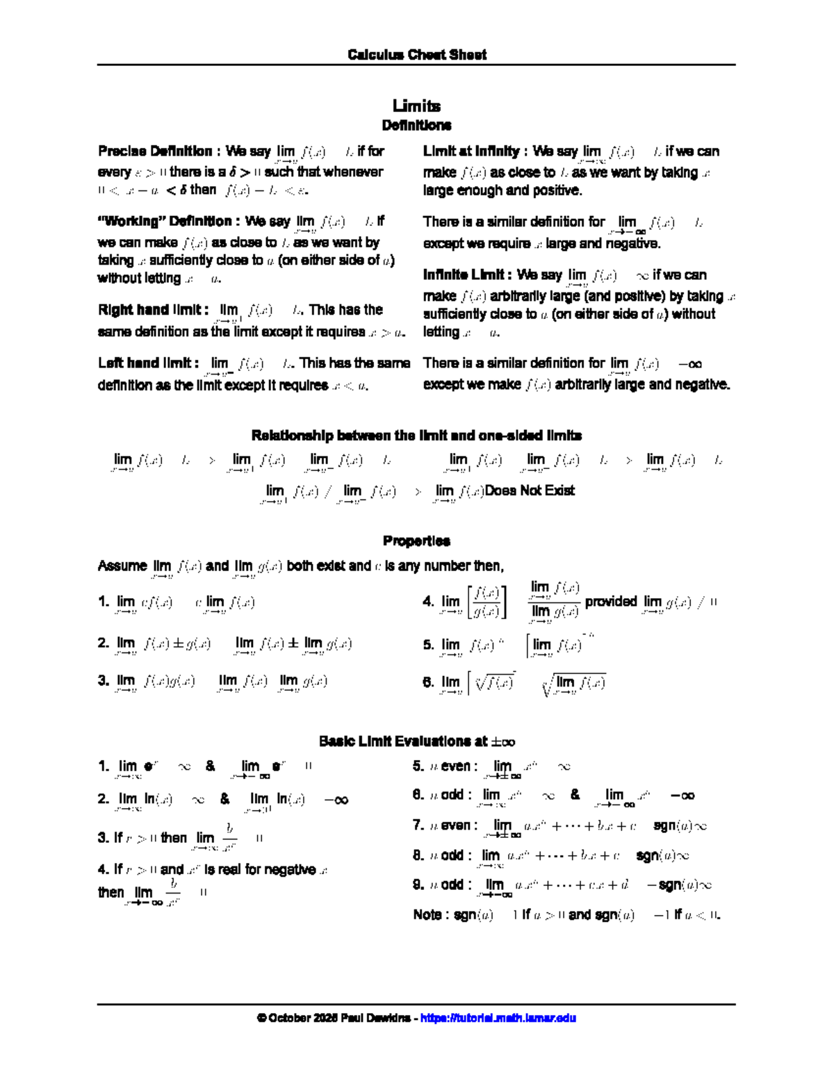Calculus Cheat Sheet: Limits, Definitions, and Evaluation Techniques ...