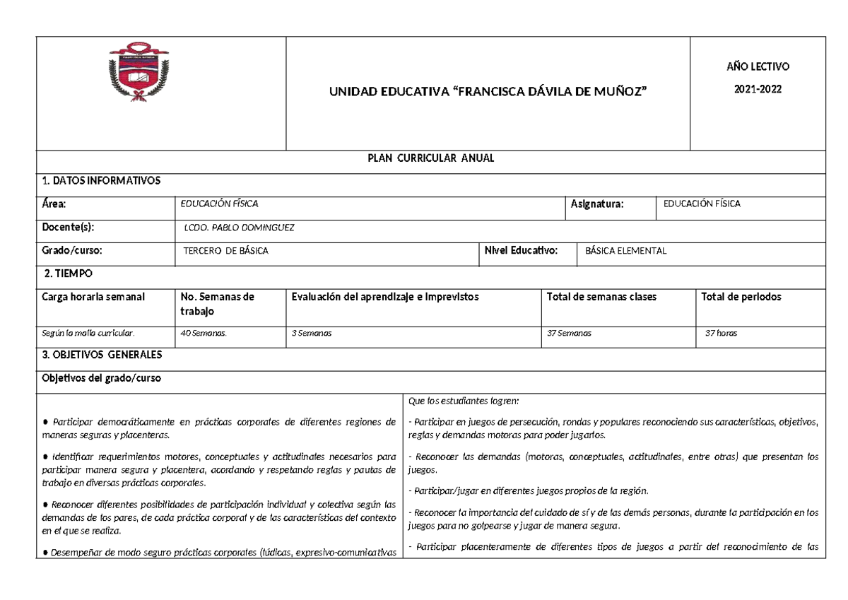 PCA Tercero de Básica: Plan Curricular Anual de Educación Física - Document Preview