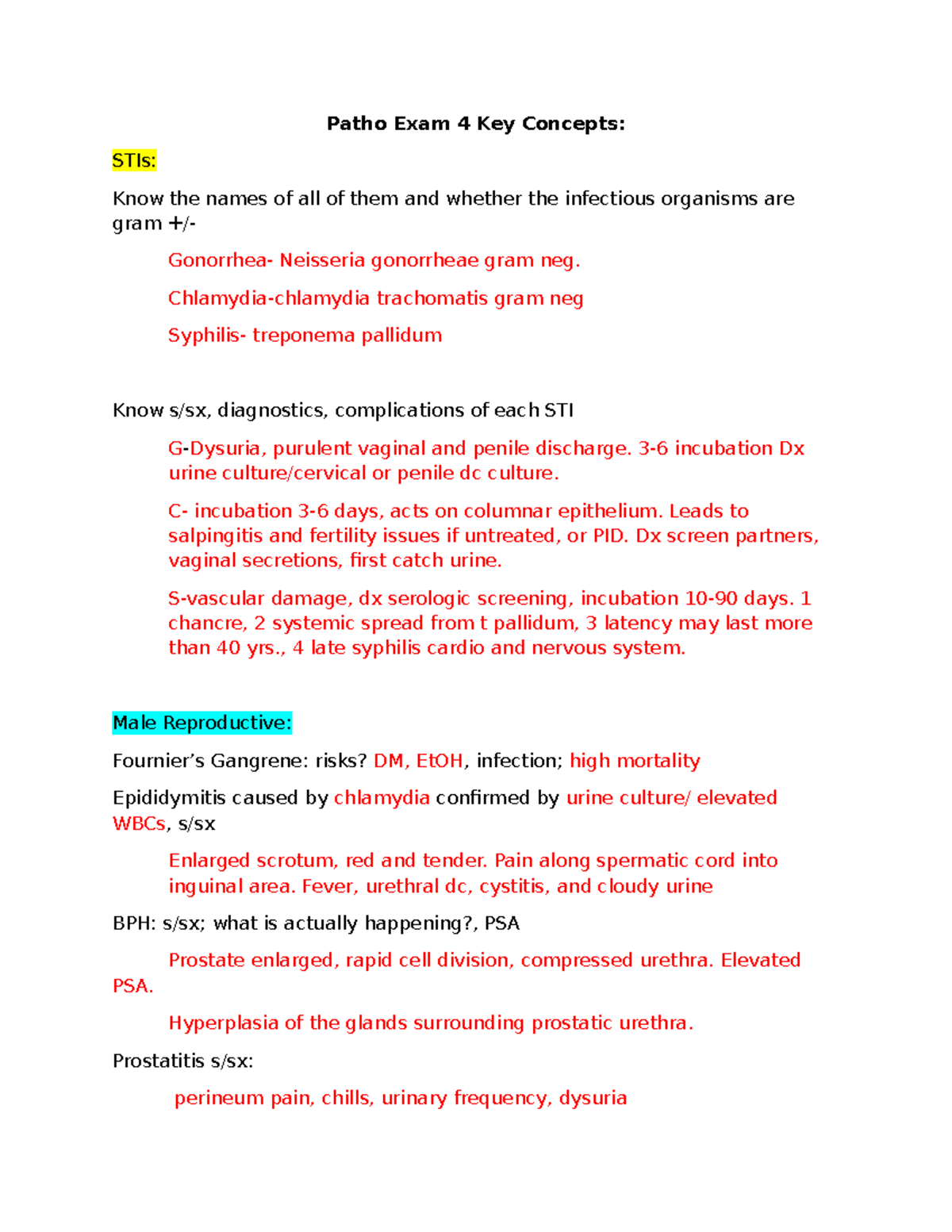 Patho Exam 4 Key Concepts - Patho Exam 4 Key Concepts: STIs: Know the ...