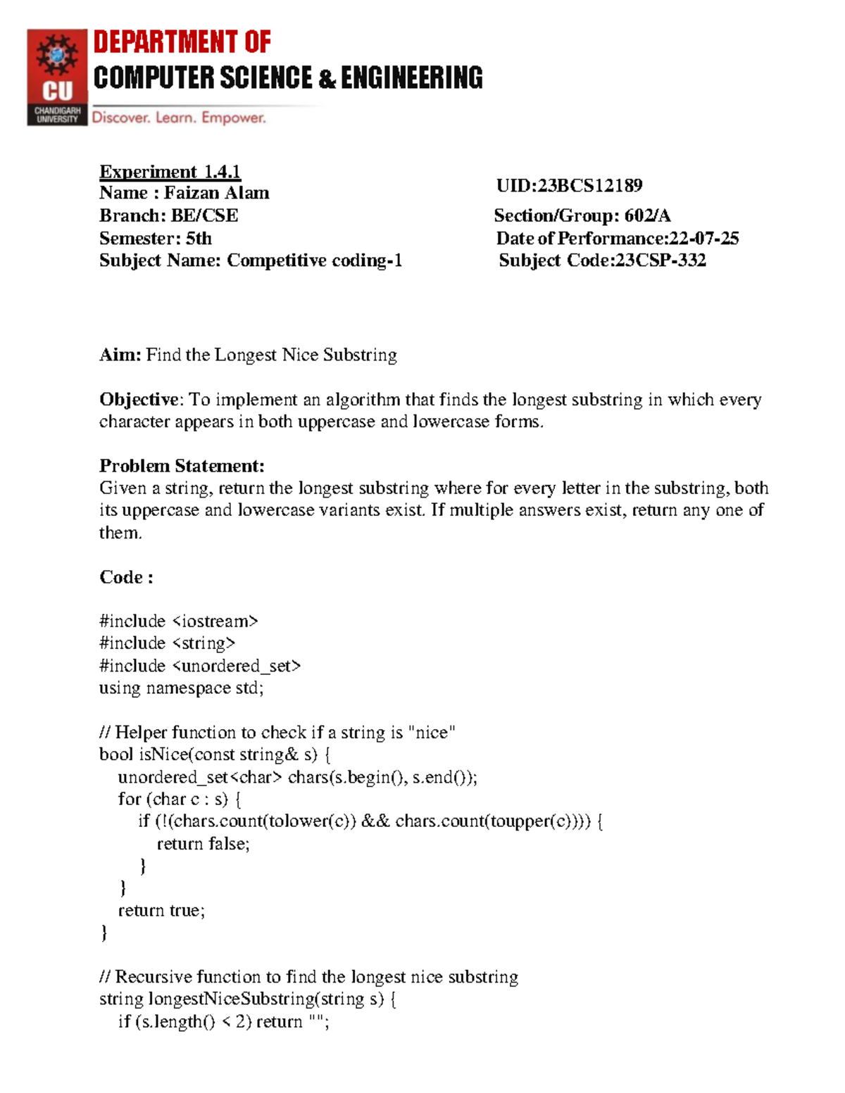 CS 5th Sem Competitive Programming: Longest Nice Substring & More - Studocu