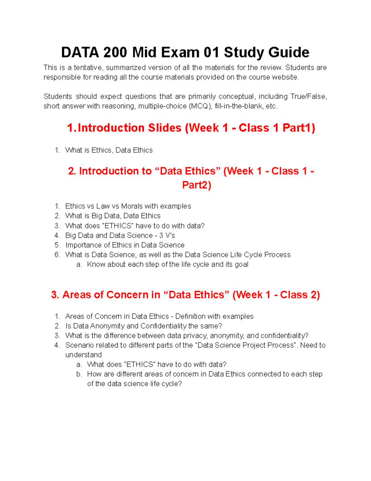 DATA 200 Mid Exam 01 Review Guide - Fall 2025 - Studocu