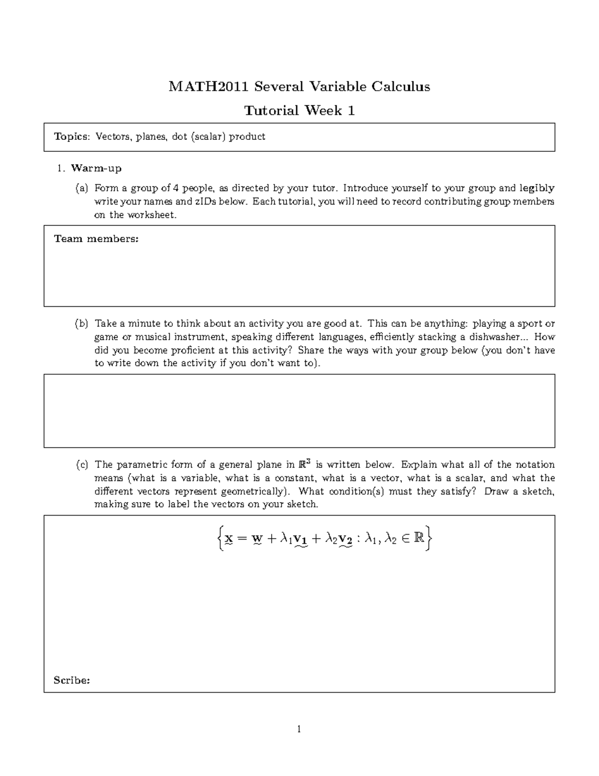 MATH2011 Several Variable Calculus Tutorial Week 1 Practice Questions ...