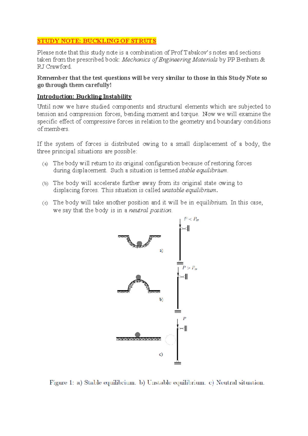 634108377 Study Note on Buckling of Struts and Elastic Stability - Studocu