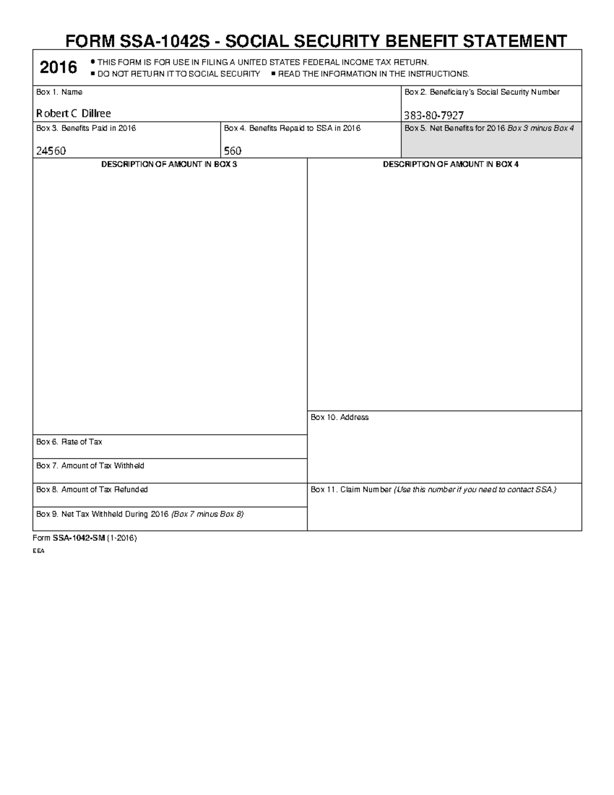 SSA-1042-SM 2016 Social Security Benefit Statement for Tax Filing - Studocu