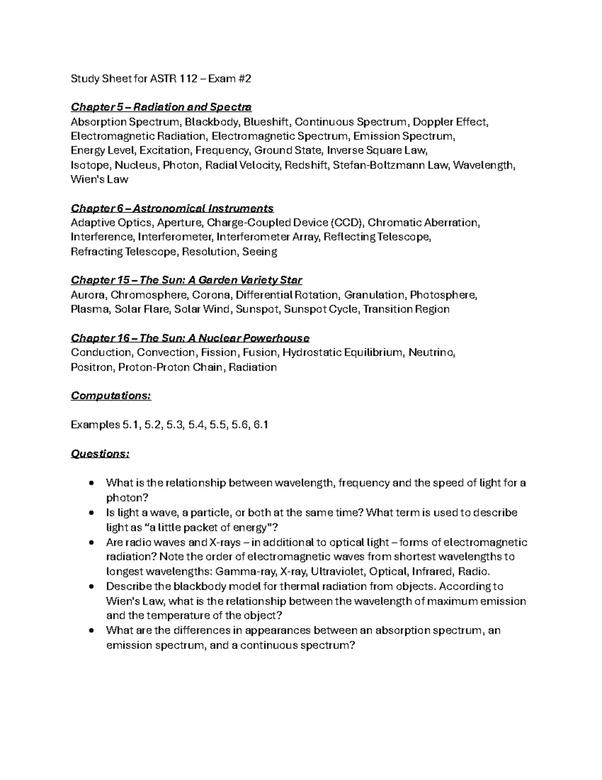 Study Sheet for ASTR 112 – Midterm Exam #2: Key Stellar Concepts - Studocu