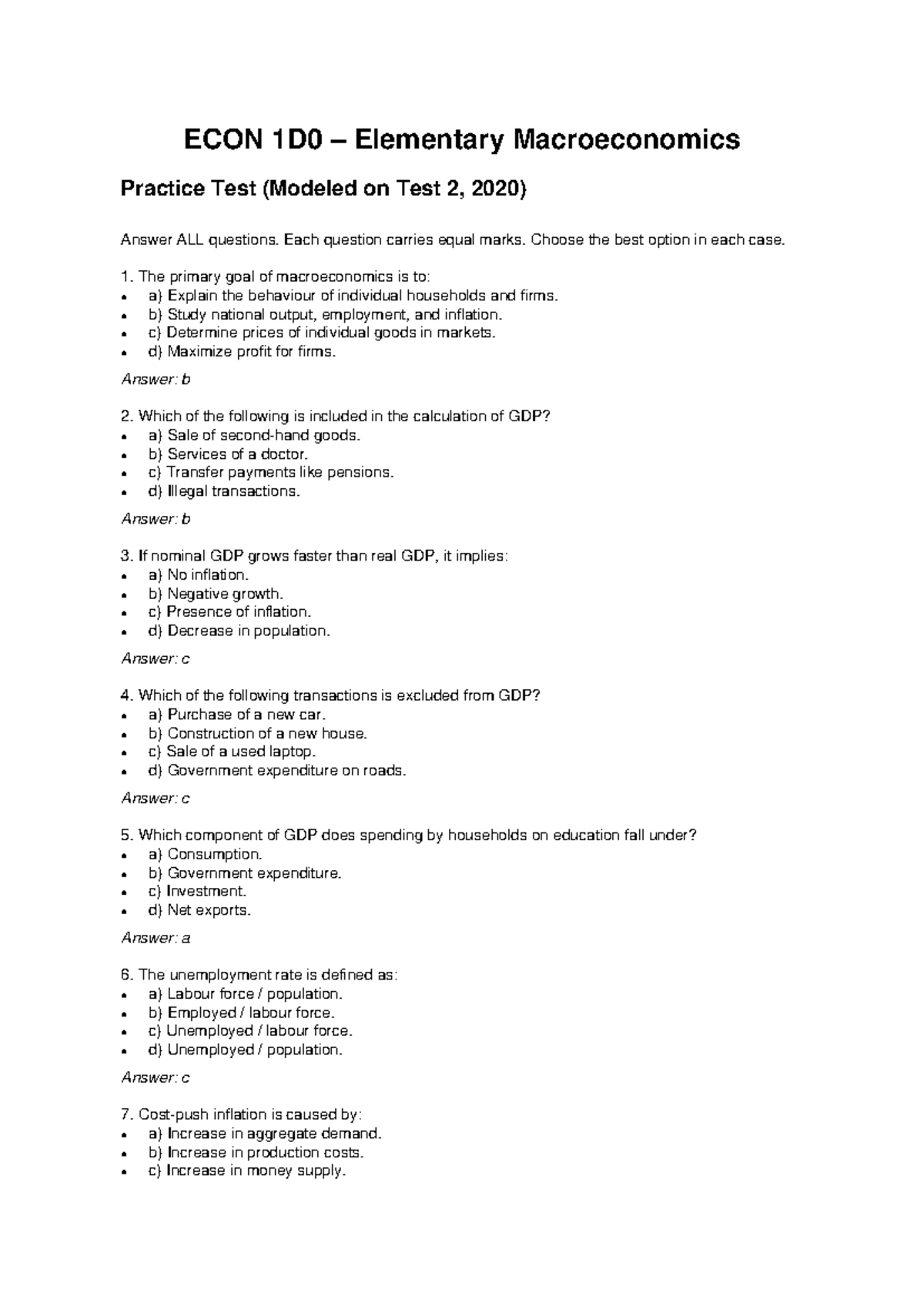 ECON 1D0 Elementary Macroeconomics Test 2 Practice Questions - Studocu
