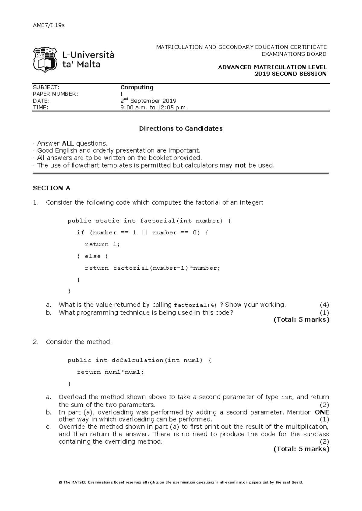 AM2007 20 Computing 202019 20 Sep - AM07/I © The MATSEC Examinations ...