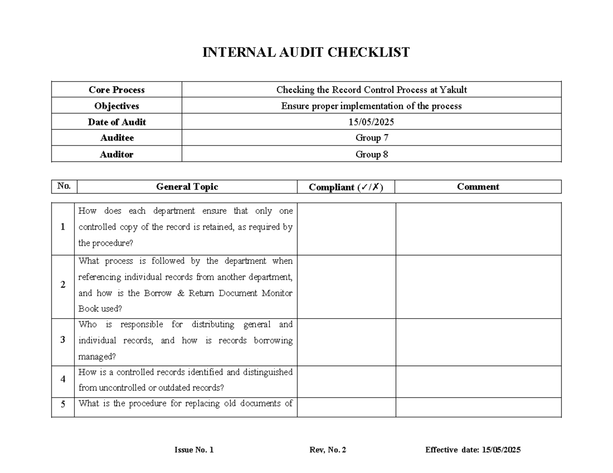 INTERNAL AUDIT CHECKLIST: Record Control Process at Yakult - Studocu