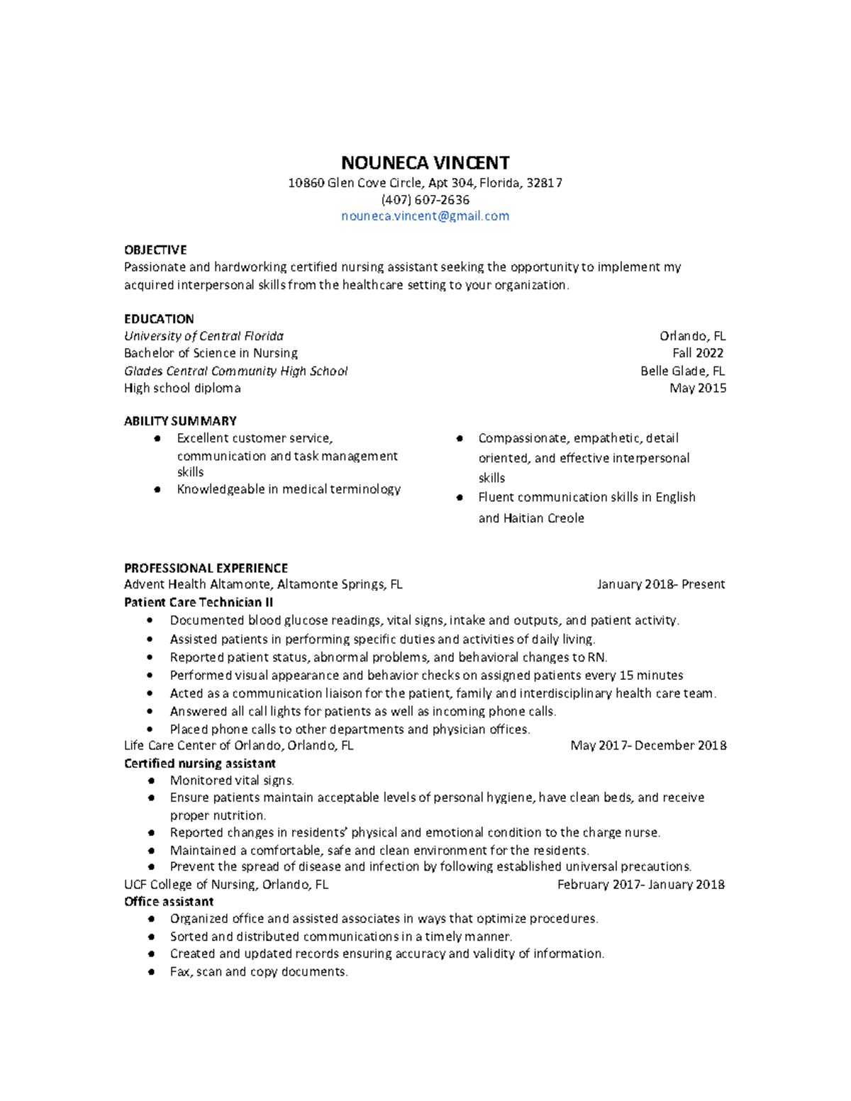 UCF Nursing Resume: Nouneca Vincent - Certified Nursing Assistant - Studocu