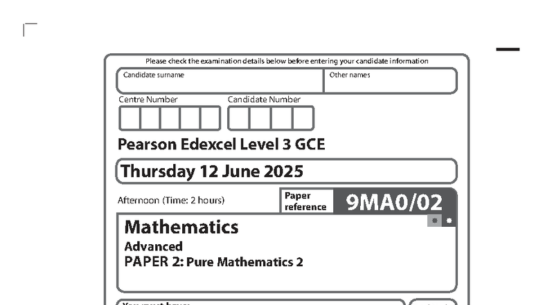 Mathematics Advanced GCE Level 3 - Paper 2 Exam Details (June 2025) - Document Preview