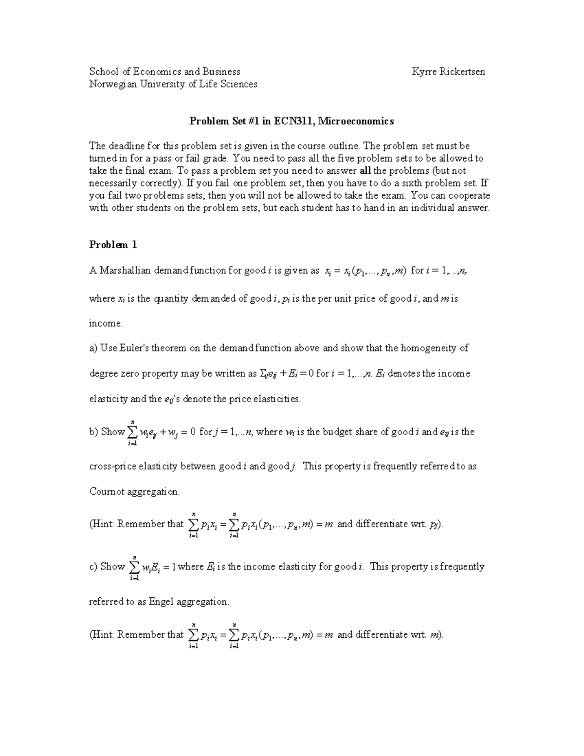 ECN311 Problem Set 1: Microeconomics Analysis and Solutions - Studocu