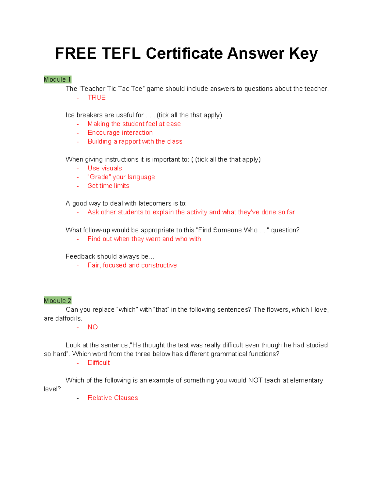 FREE TEFL Certificate Answer Key - Bachelor Module Overview - Studocu