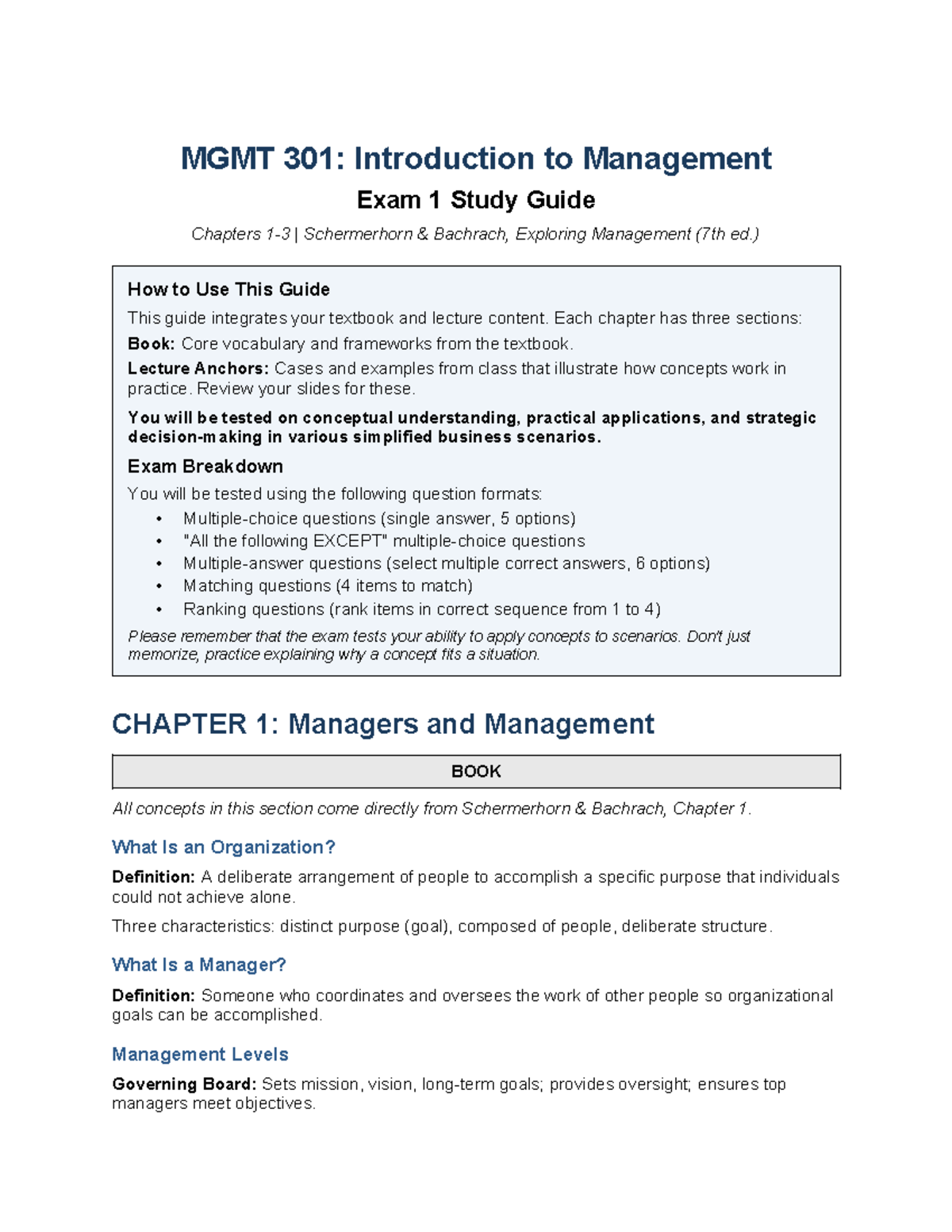 MGMT 301: Exam 1 Study Guide for Introduction to Management - Studocu