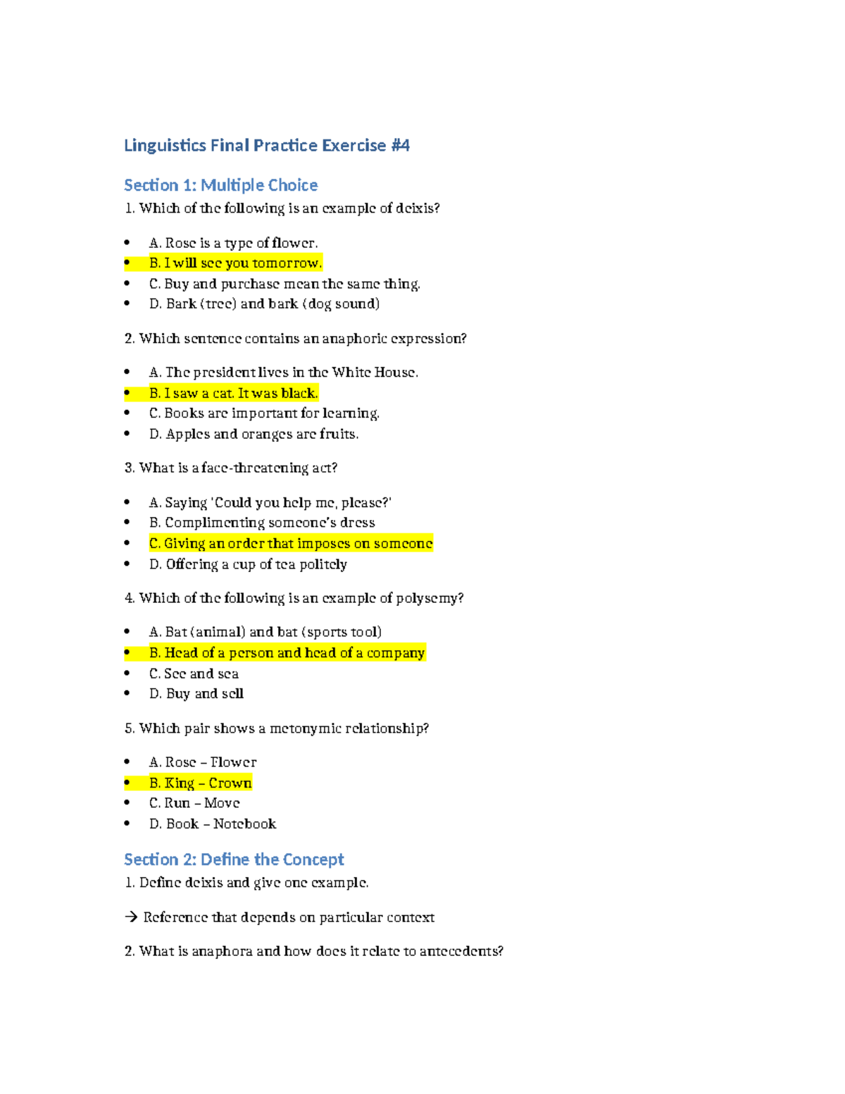 Linguistics 101 Final Practice Exercise: Key Concepts & Analysis - Studocu