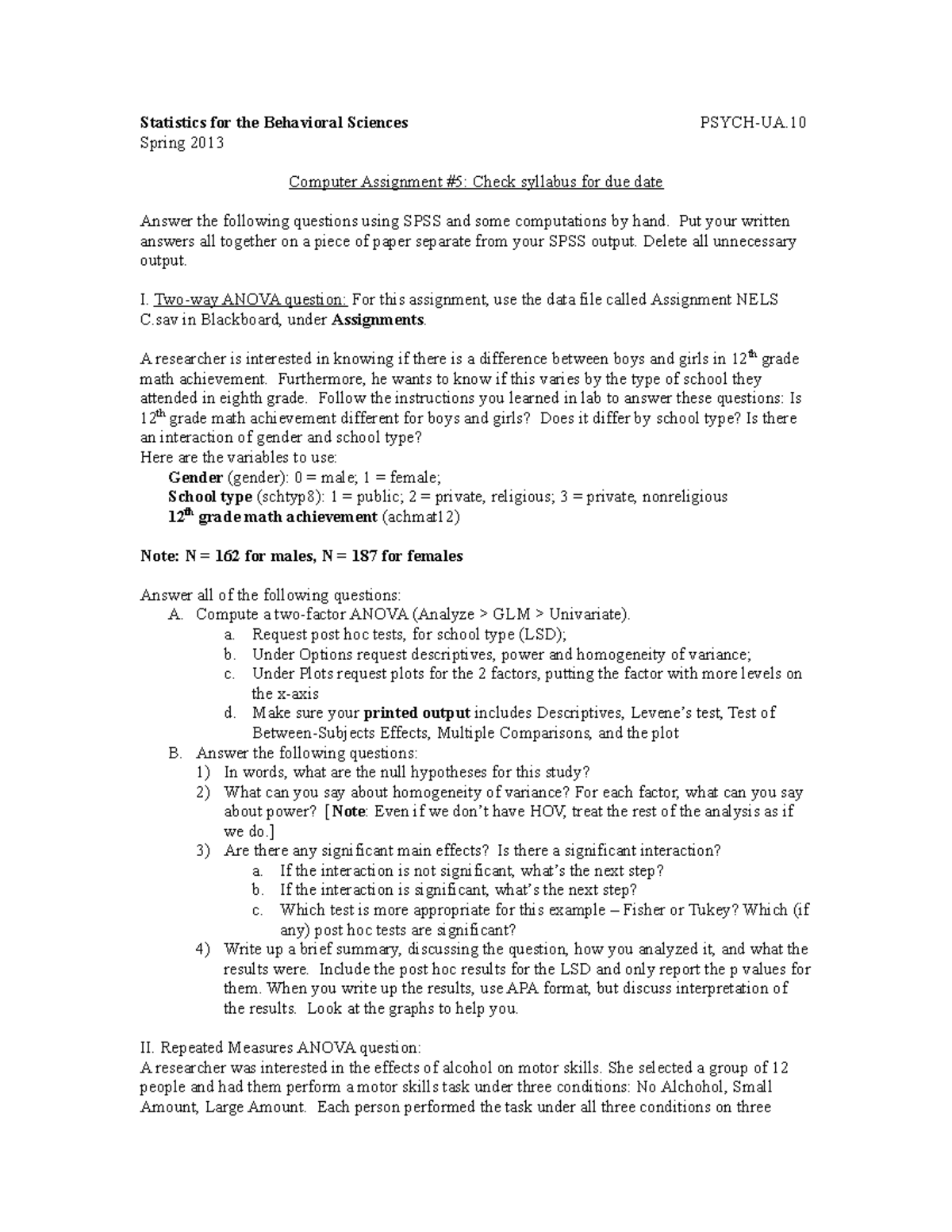 SPSS Assignment 5 S13 - Statistics for the Behavioral Sciences PSYCH-UA ...