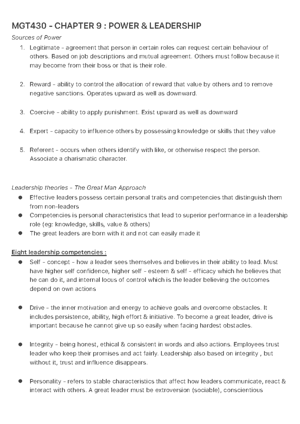 MGT430 CHAPTER 9: POWER LEADERSHIP Notes on Sources of Power - Studocu