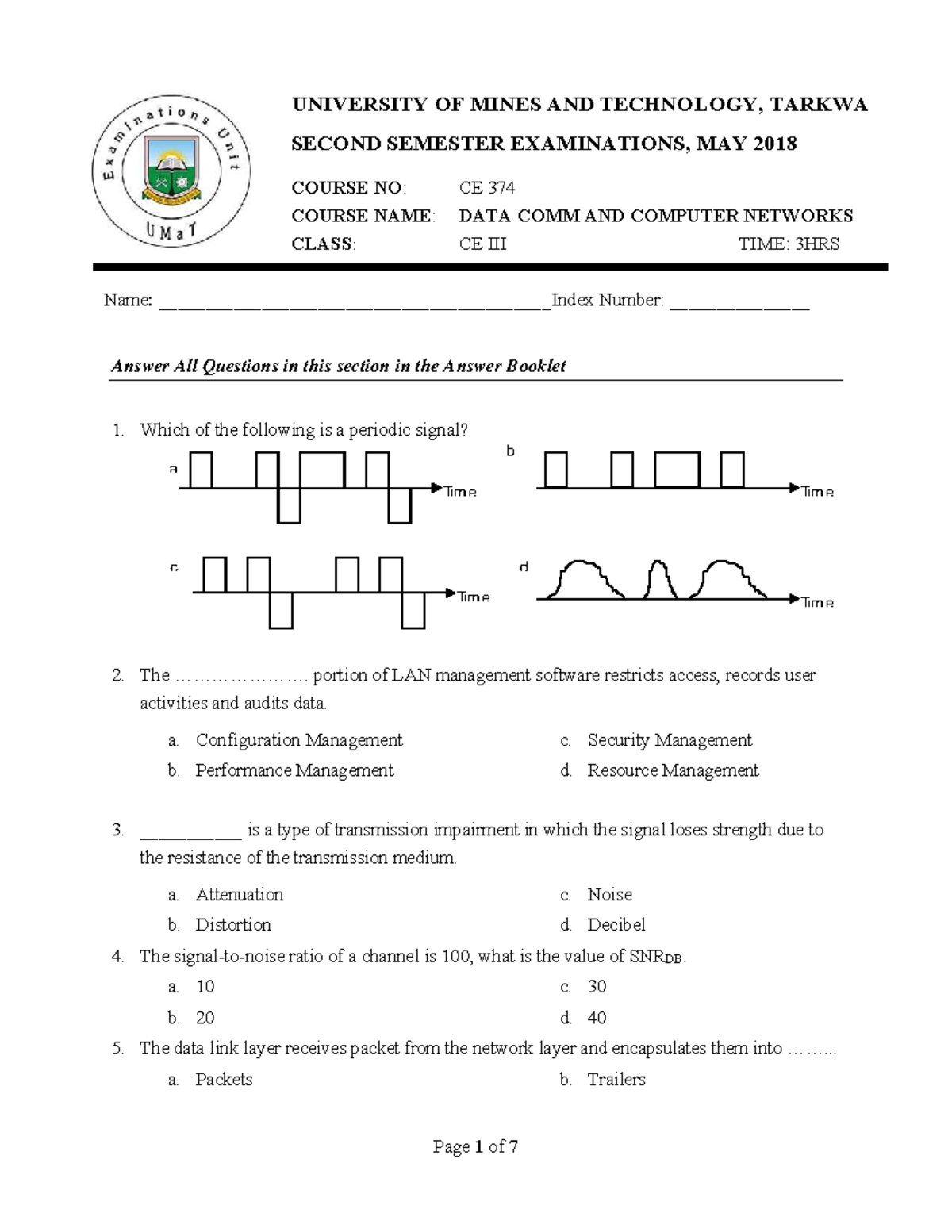 CE 374 Data Comm & Computer Networks - Second Semester Exam 2018 - Studocu