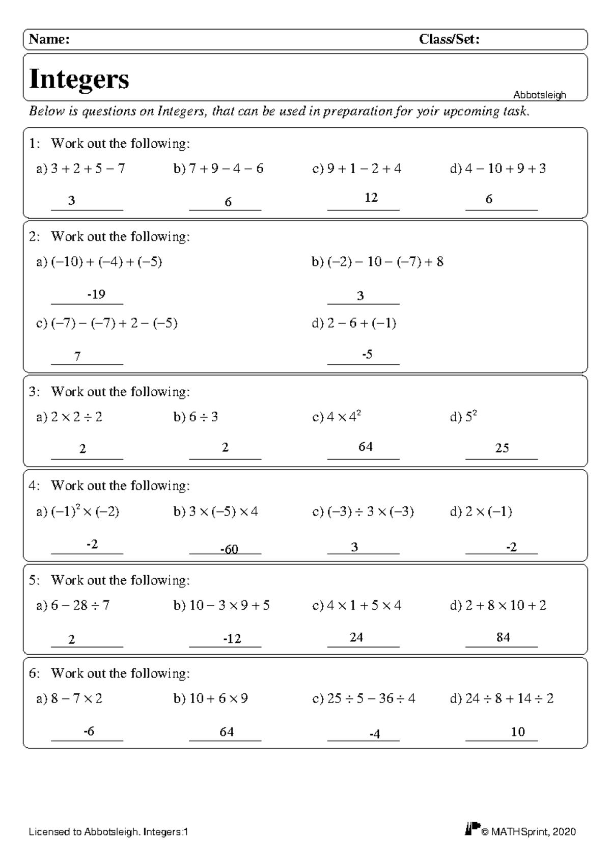Integers Worksheet 1: Prep for MATHSprint Exam at Abbotsleigh - Studocu