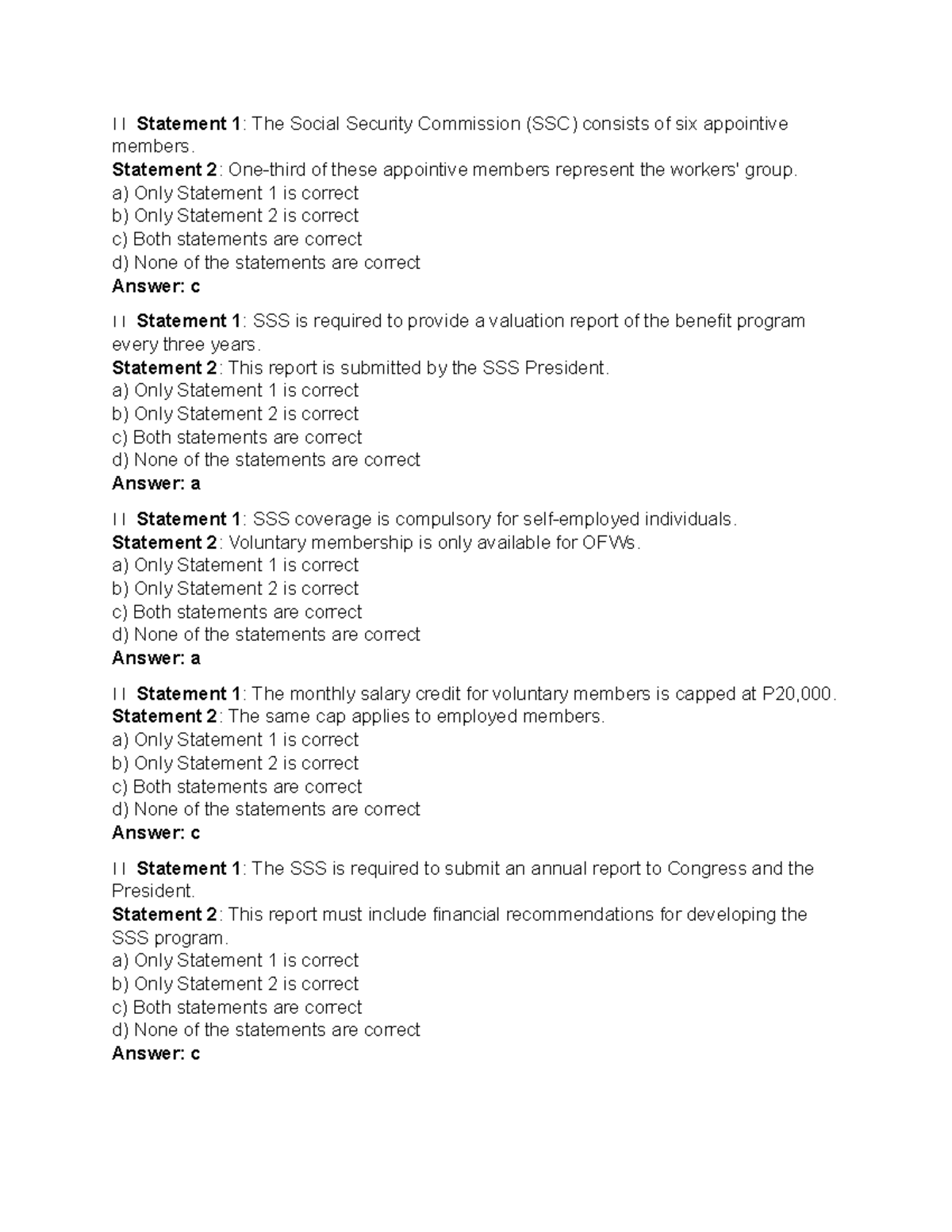 SSS Law Exam Review: Key Statements & Answers on Social Security - Studocu