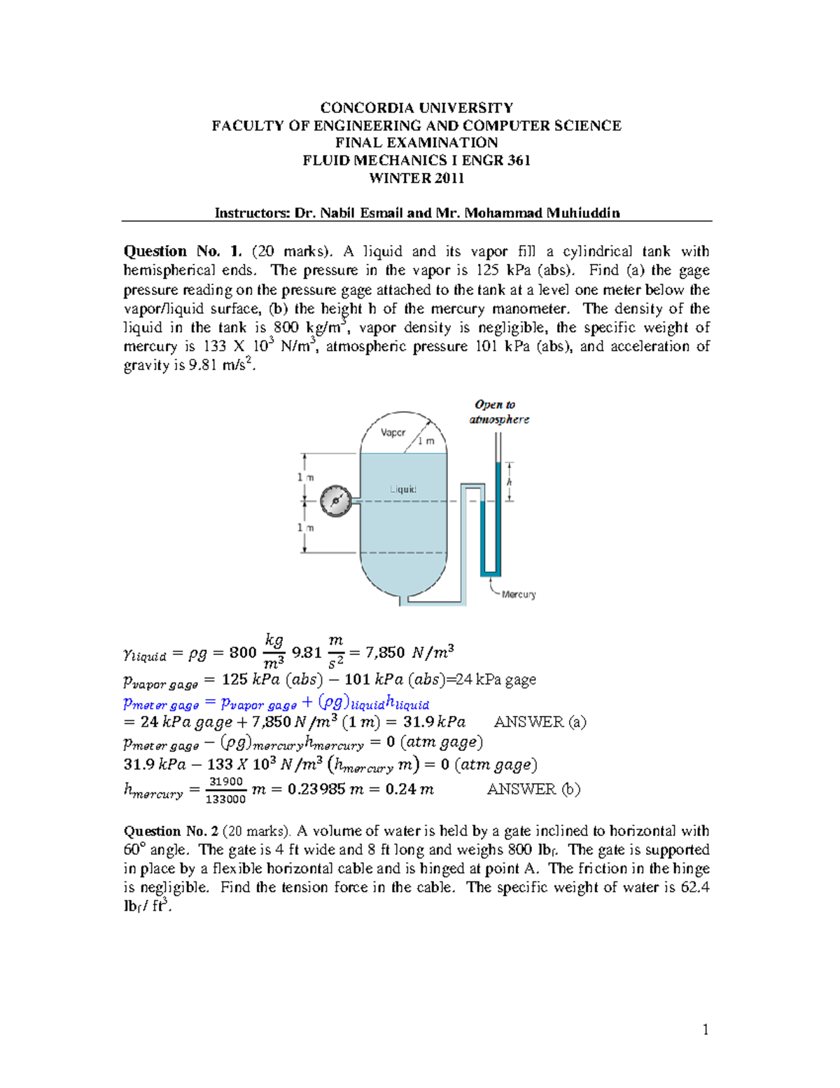 Final Exam Practice Problems for Fluid Mechanics I ENGR 361 - Studocu