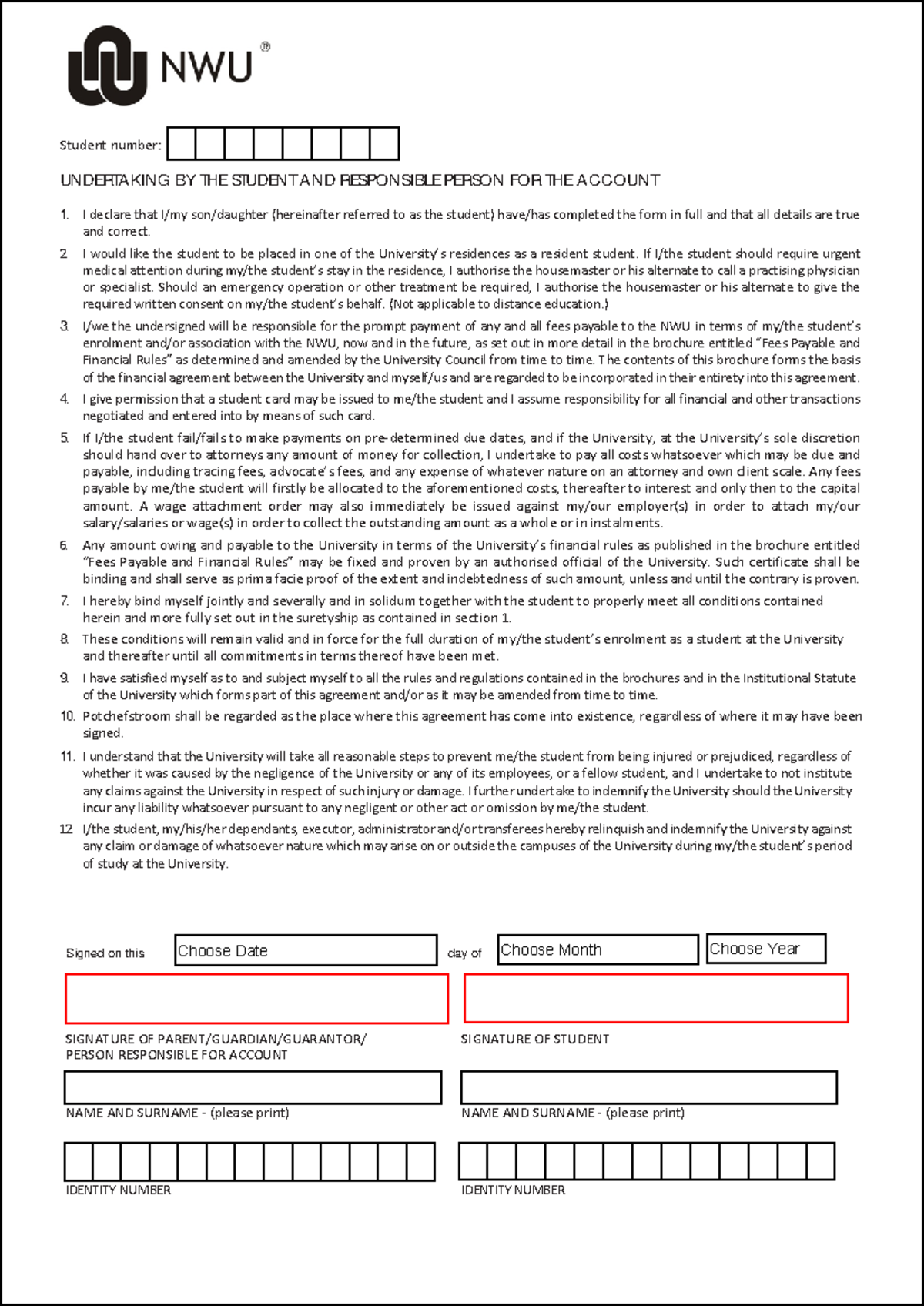 2020 - NWU Student Undertaking for Residence and Fees Agreement - Studocu