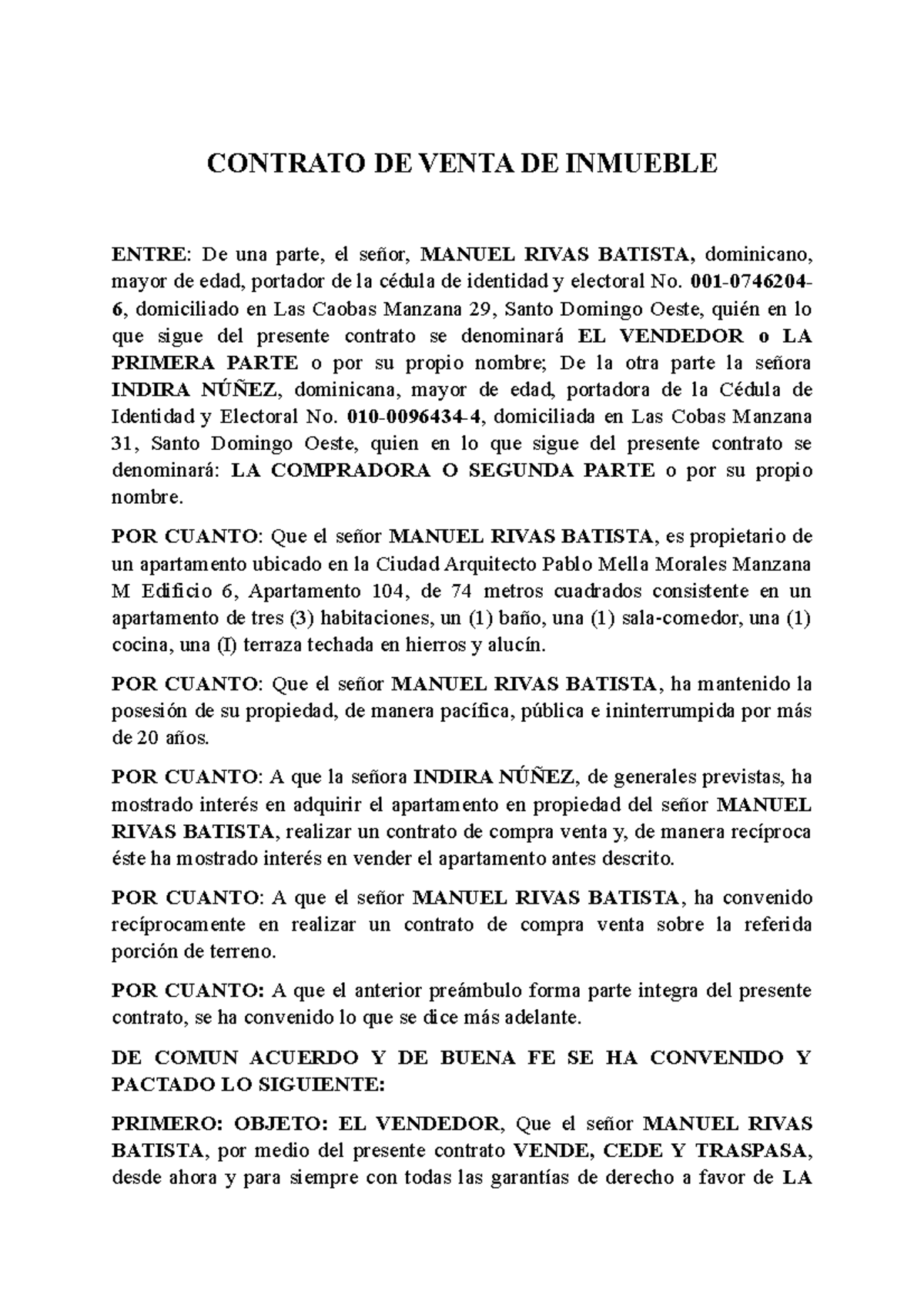 Contrato de Compra-Venta de Inmueble: Manuel Rivas Batista e Indira Núñez - Document Preview
