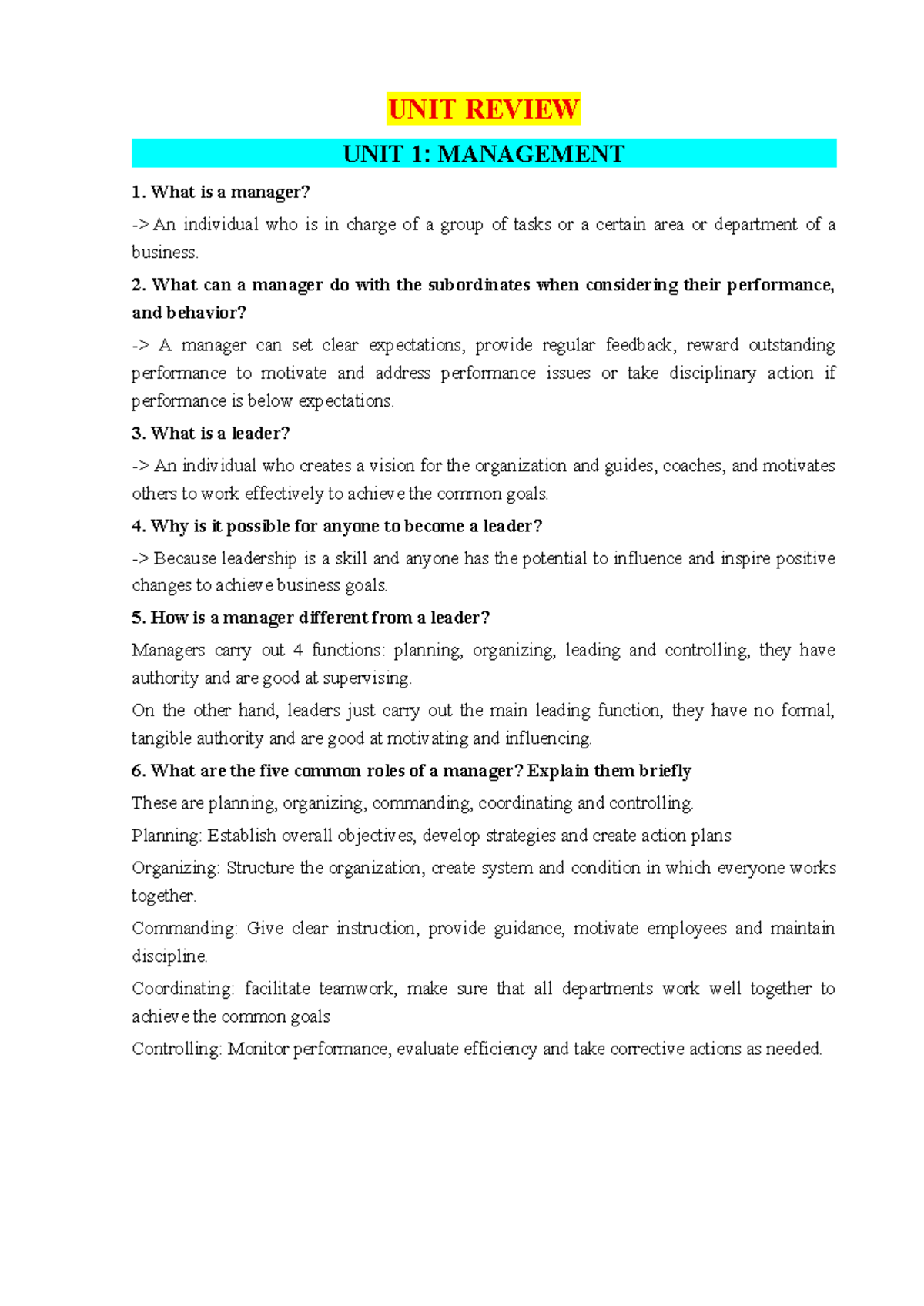 UNIT 1 Review: Understanding Management and Leadership Concepts - Studocu