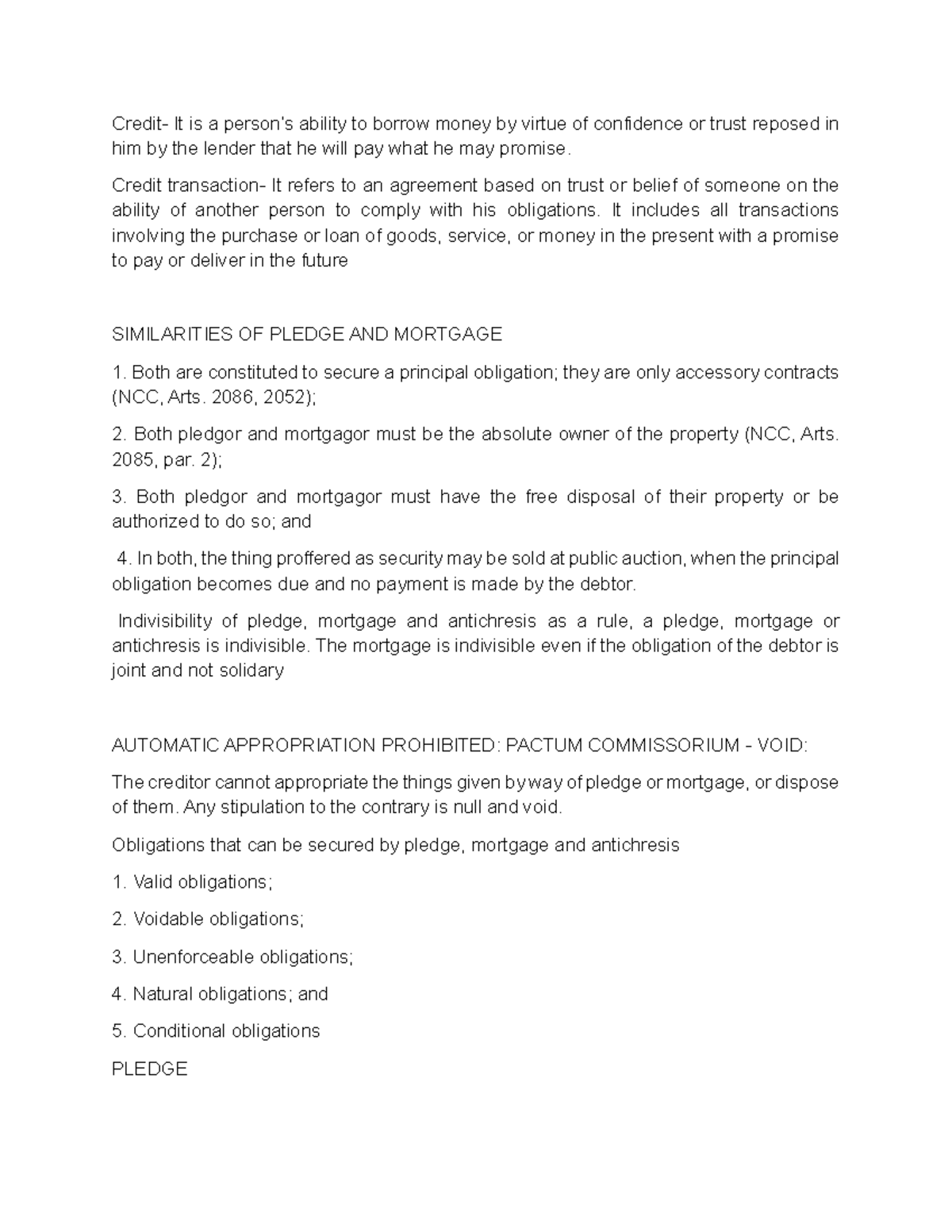 Law on Sales: Pledge and Mortgage Overview (Course Code: LAW101) - Studocu