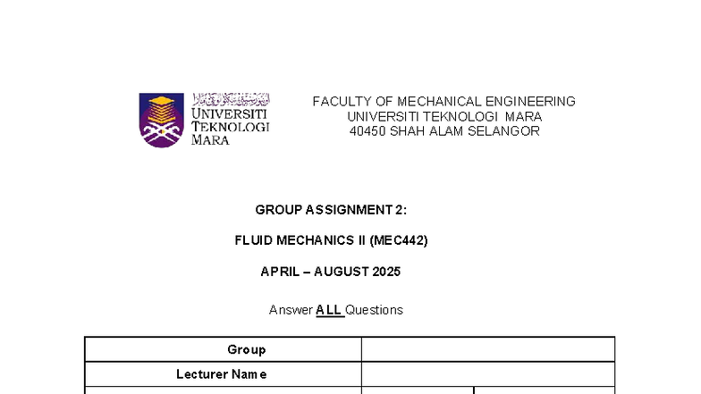 MEC442 Fluid Mechanics II Group Assignment 2 - June 2025 - Studocu