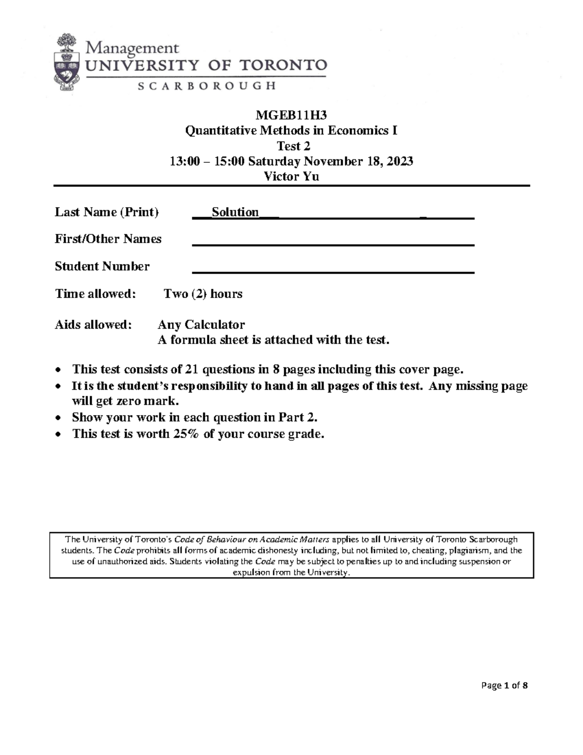 MGEB11H3 Quantitative Methods in Economics I Test 2 Answers - Studocu