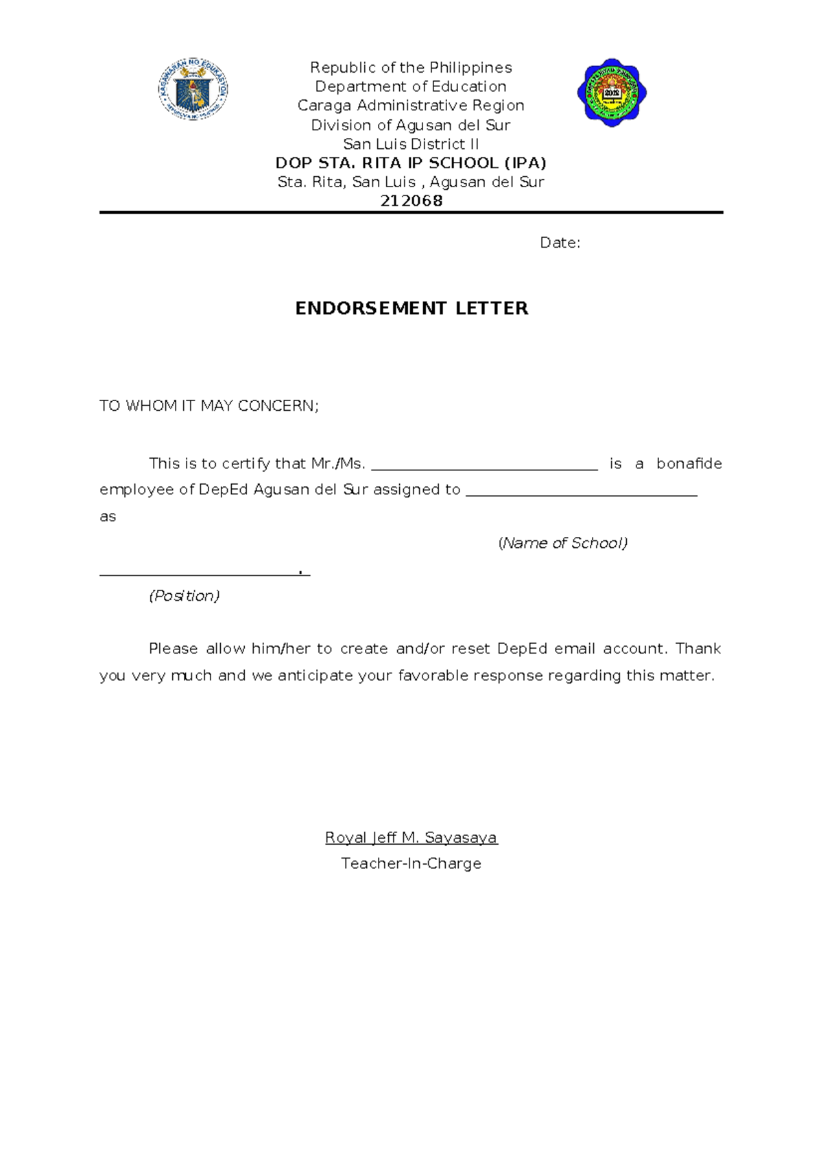 Endorsement letter - Republic of the Philippines Department of ...