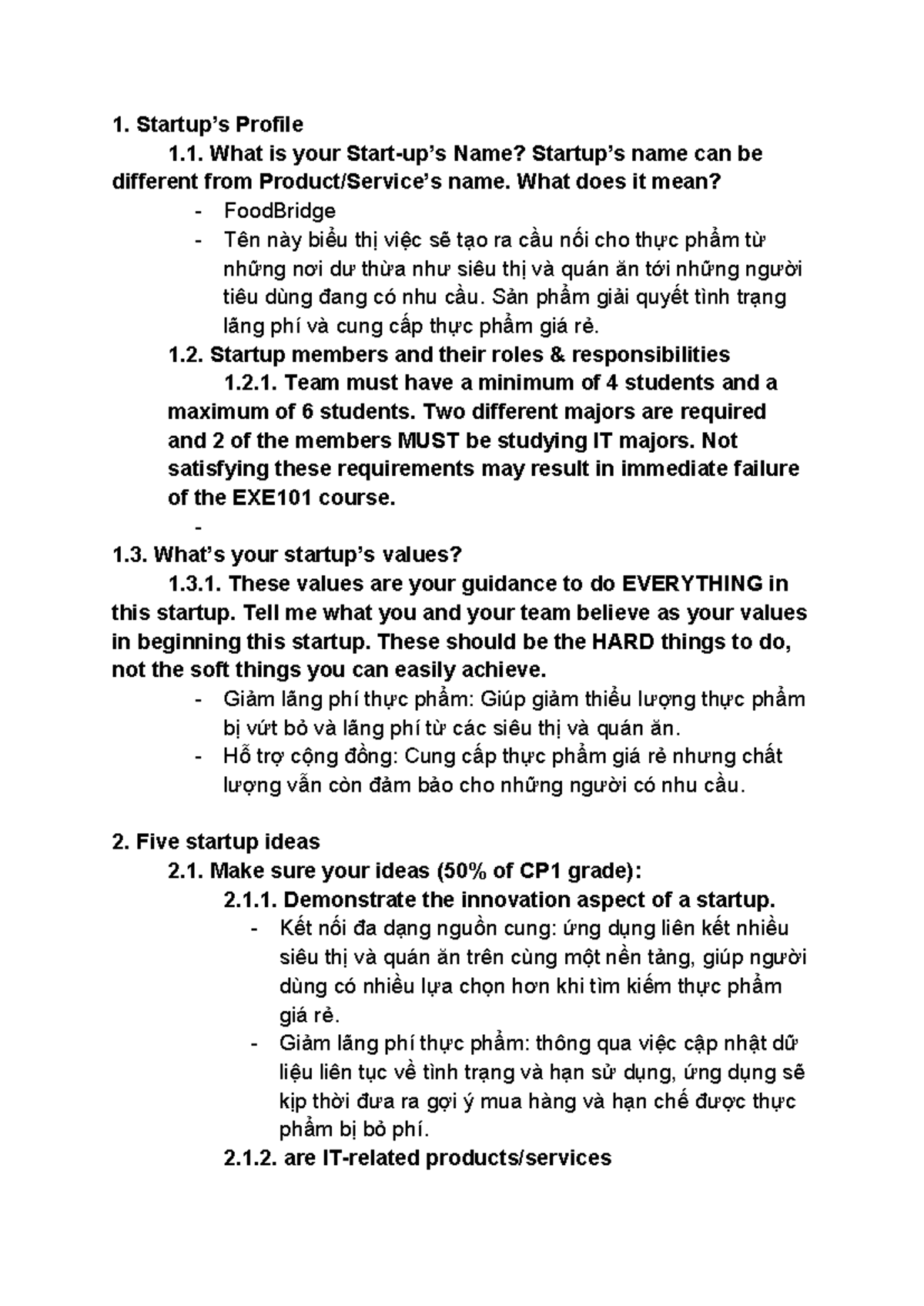 EXE101: Startup Profile and Ideas for FoodBridge Project - Studocu