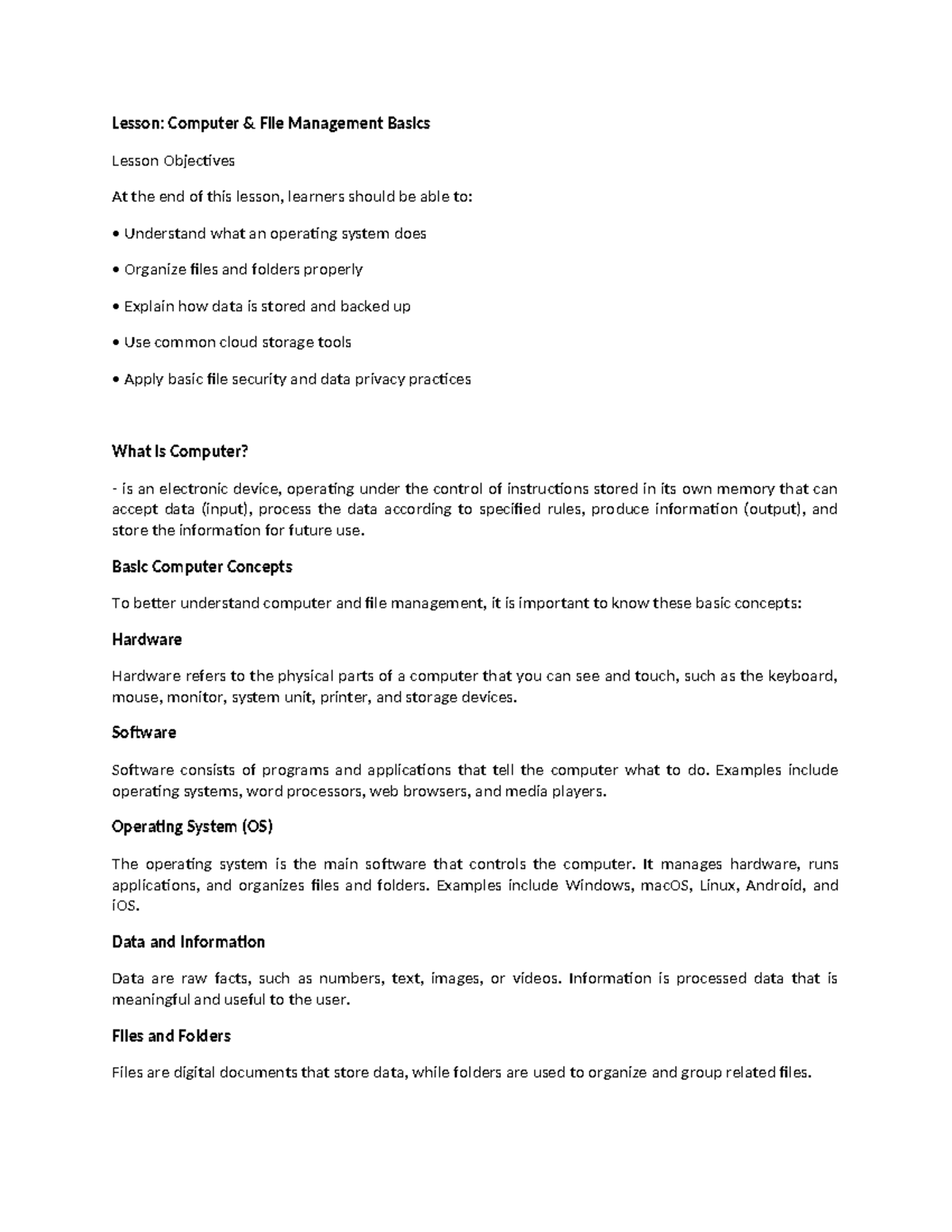 Lesson: Computer File Management Basics (CS101) - Studocu