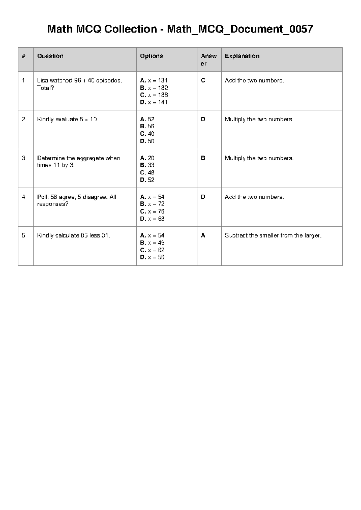 Math MCQ Collection for Review - Math_MCQ_Document_0057 - Studocu