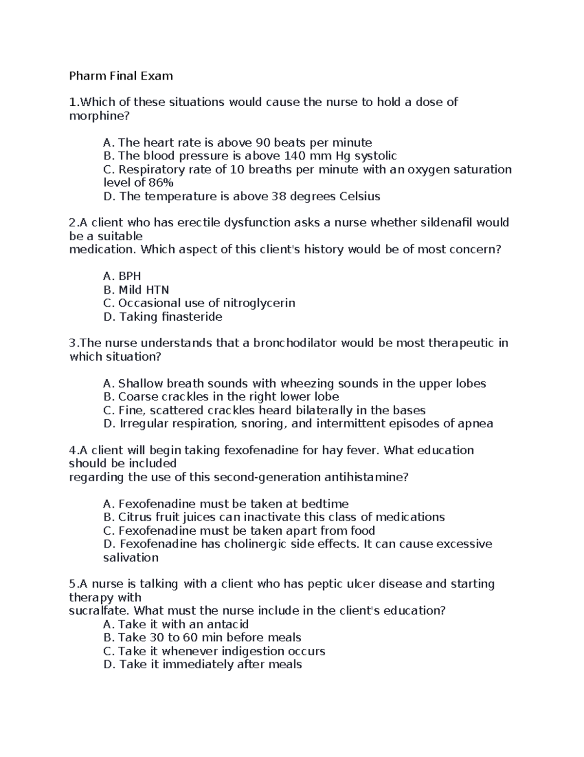 Pharm 101 Final Exam Review: Key Concepts and Nursing Questions - Studocu