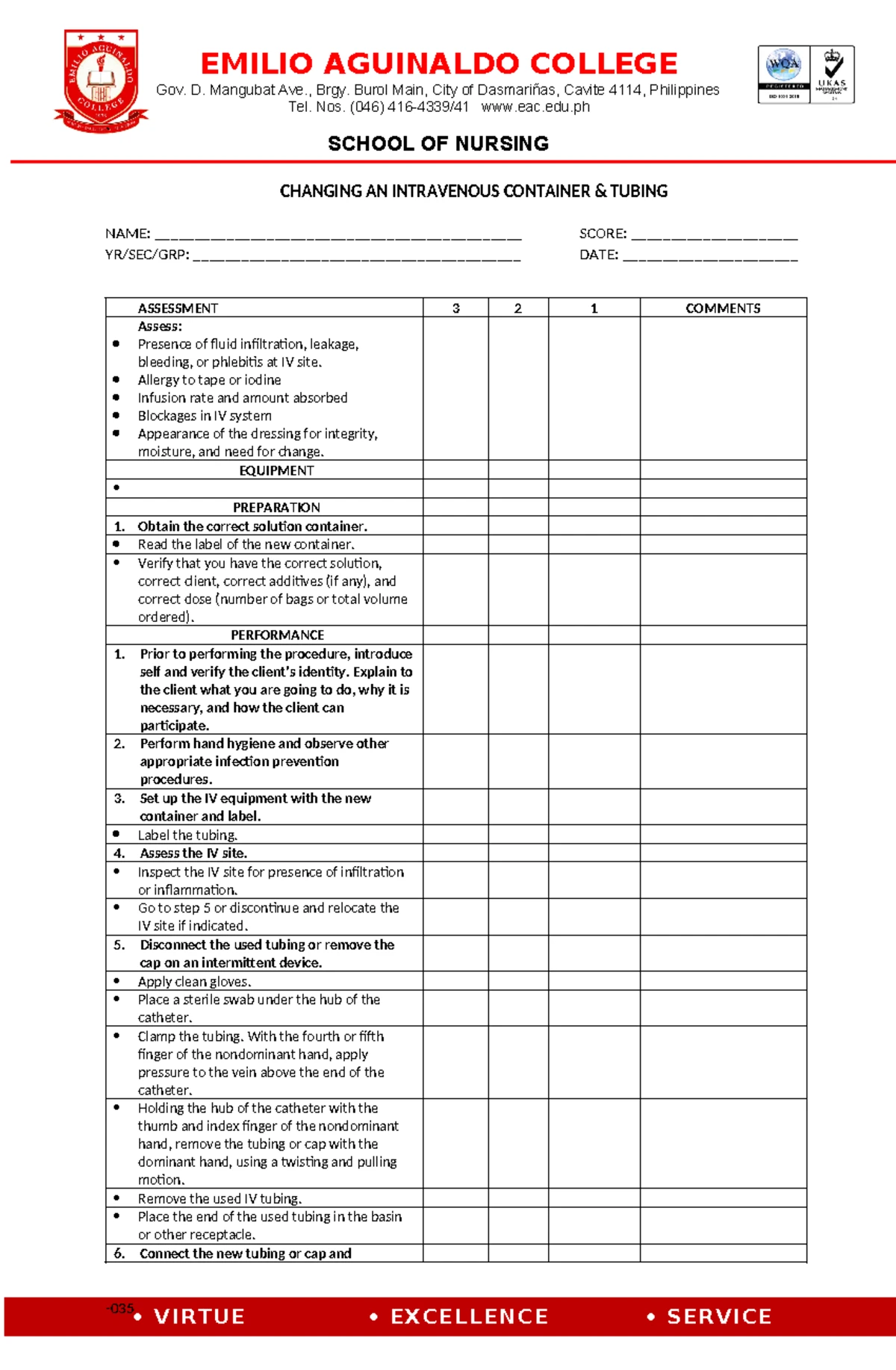 Checklist for Changing IV Catheter to Intermittent Infusion Lock - Studocu