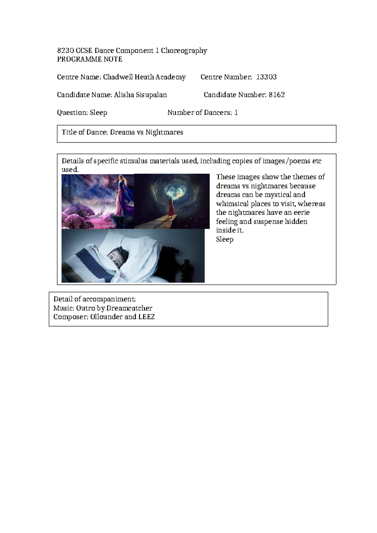 GCSE Dance 8230 Component 1 Choreography Programme Note - Studocu