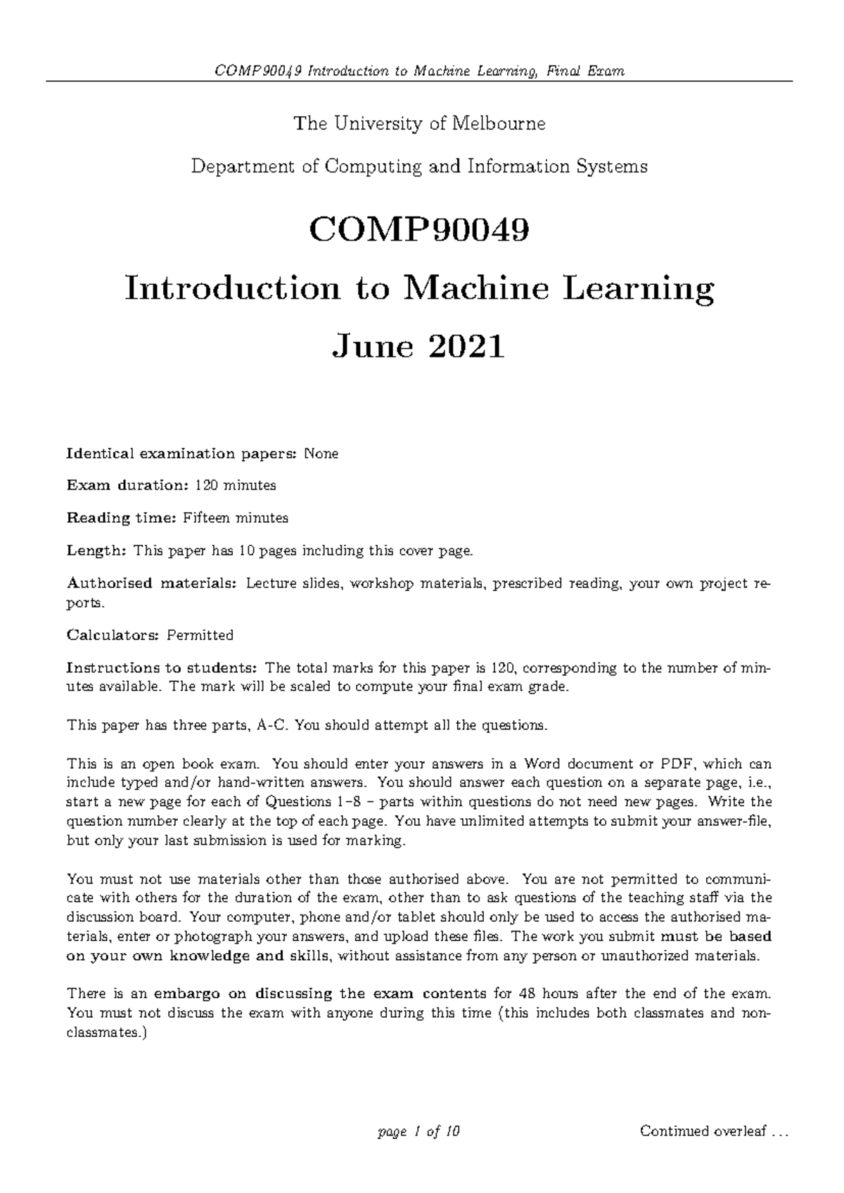 COMP90049 - Introduction to Machine Learning Final Exam Paper (June ...