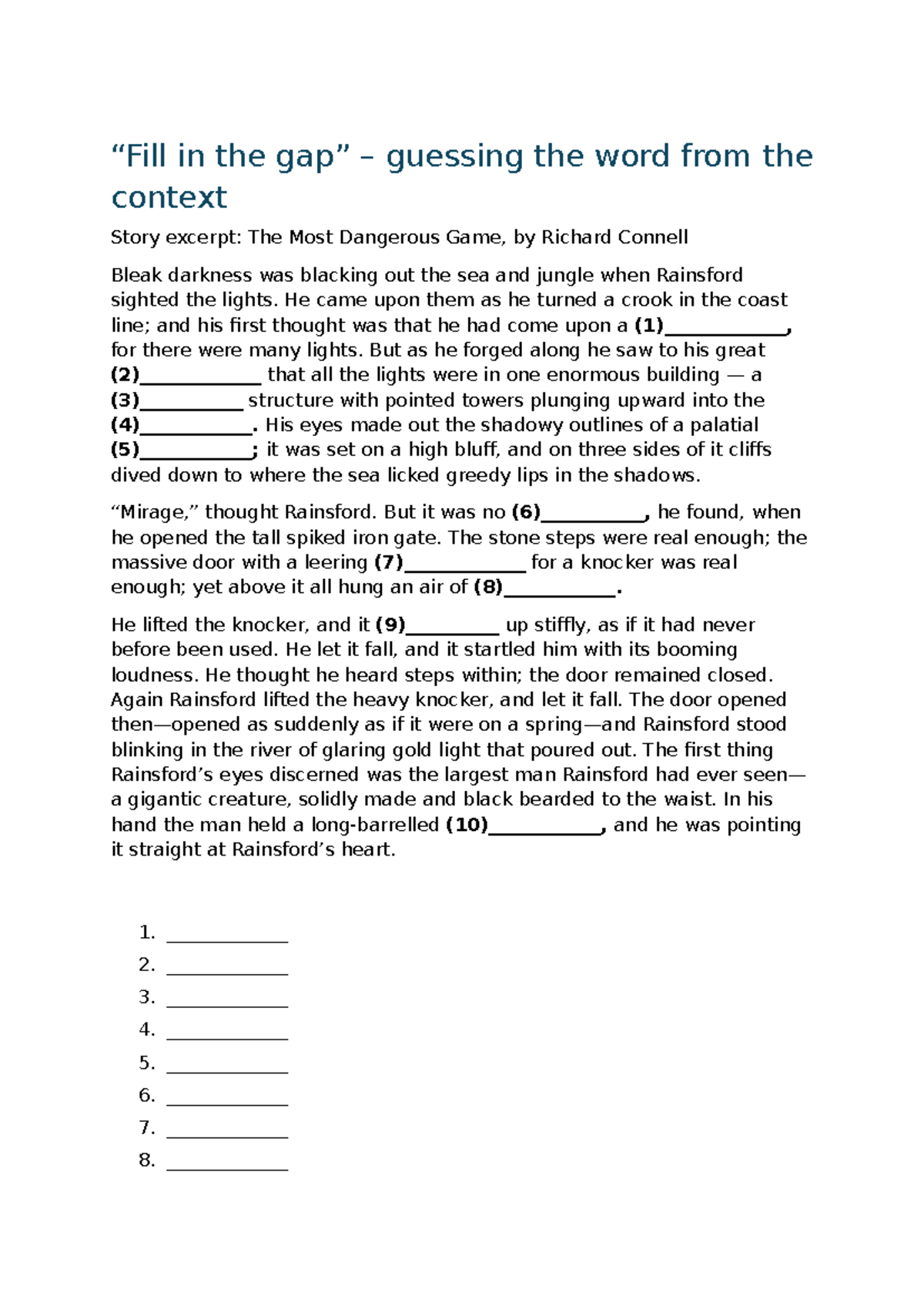 Fill in the Gap Exercise: Context Clues from 'The Most Dangerous Game ...