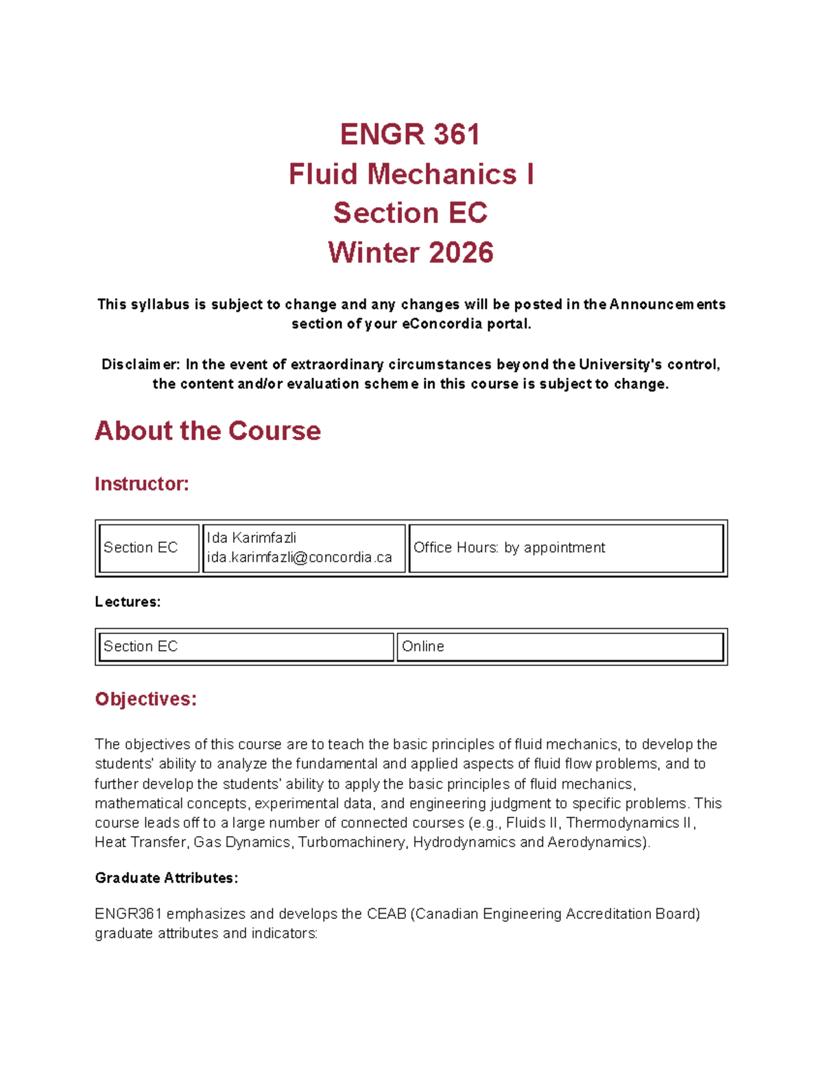ENGR 361 Fluid Mechanics I - Course Outline Winter 2026 - Studocu
