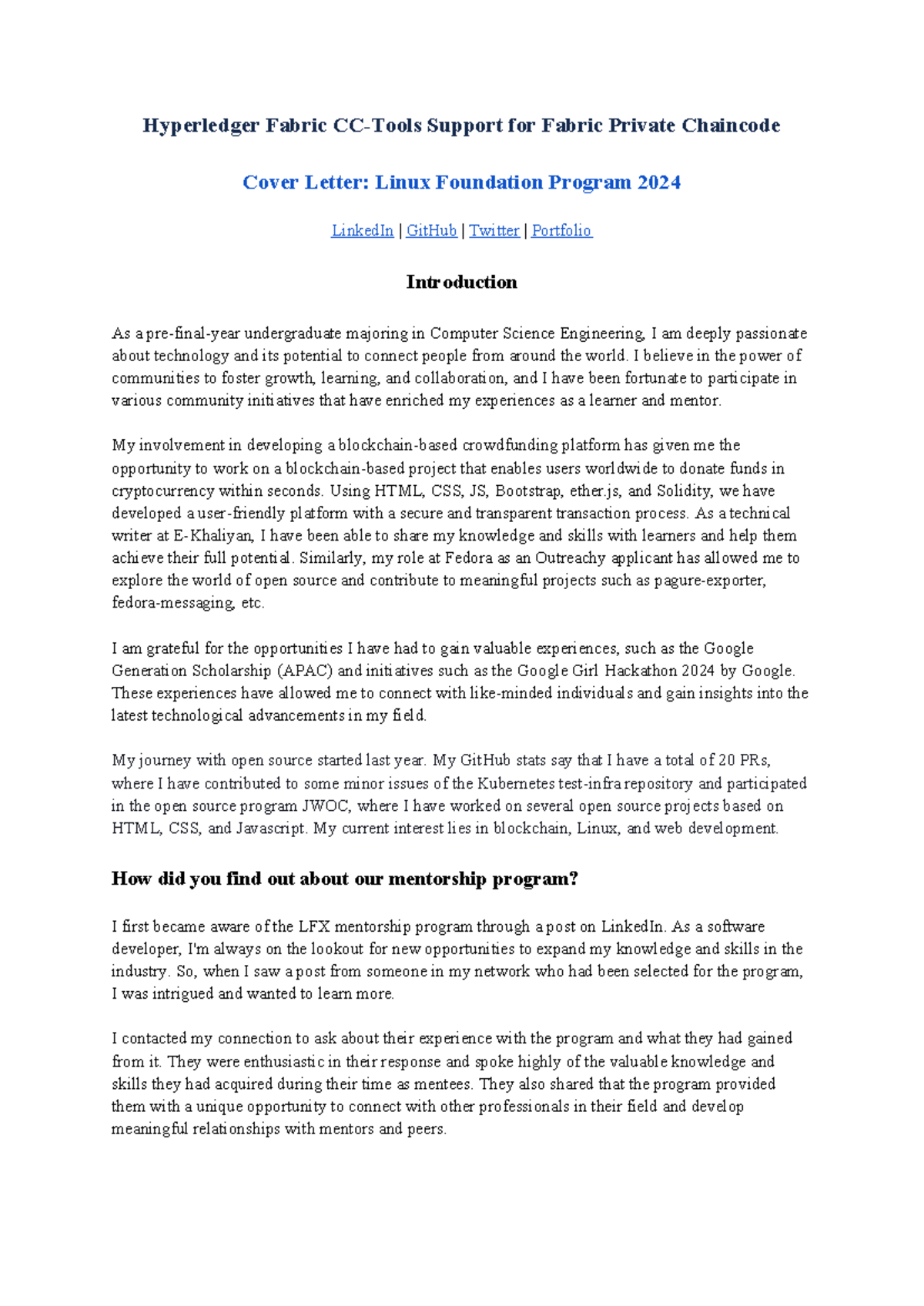 Hyperledger Fabric CC-Tools: Cover Letter & Mentorship Proposal - Studocu
