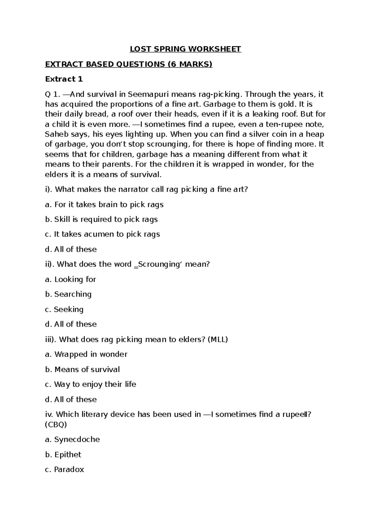Lost Spring Worksheet: Extract-Based Questions & Answers (6 Marks ...