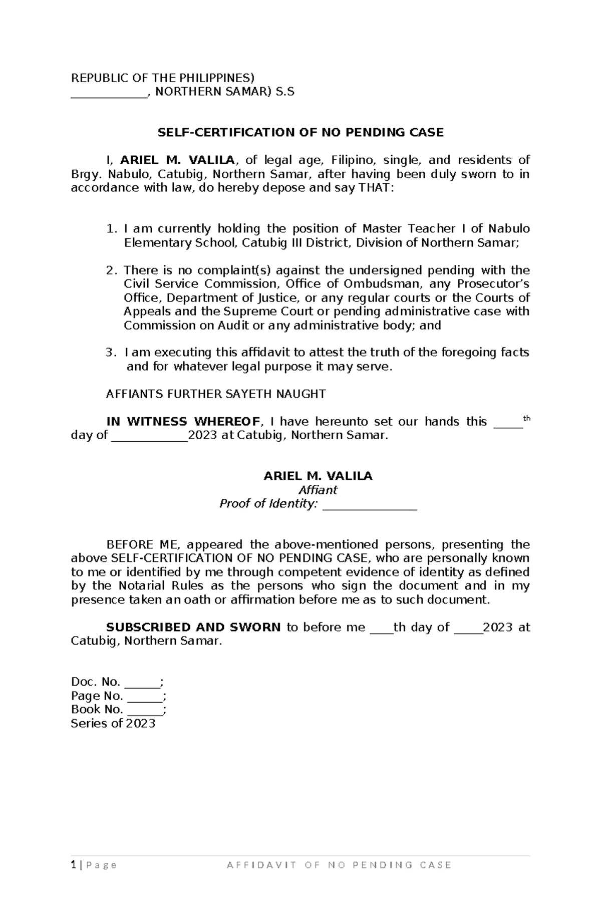 Affidavit - Confirmation of Payment Status for Checks Issued - Studocu