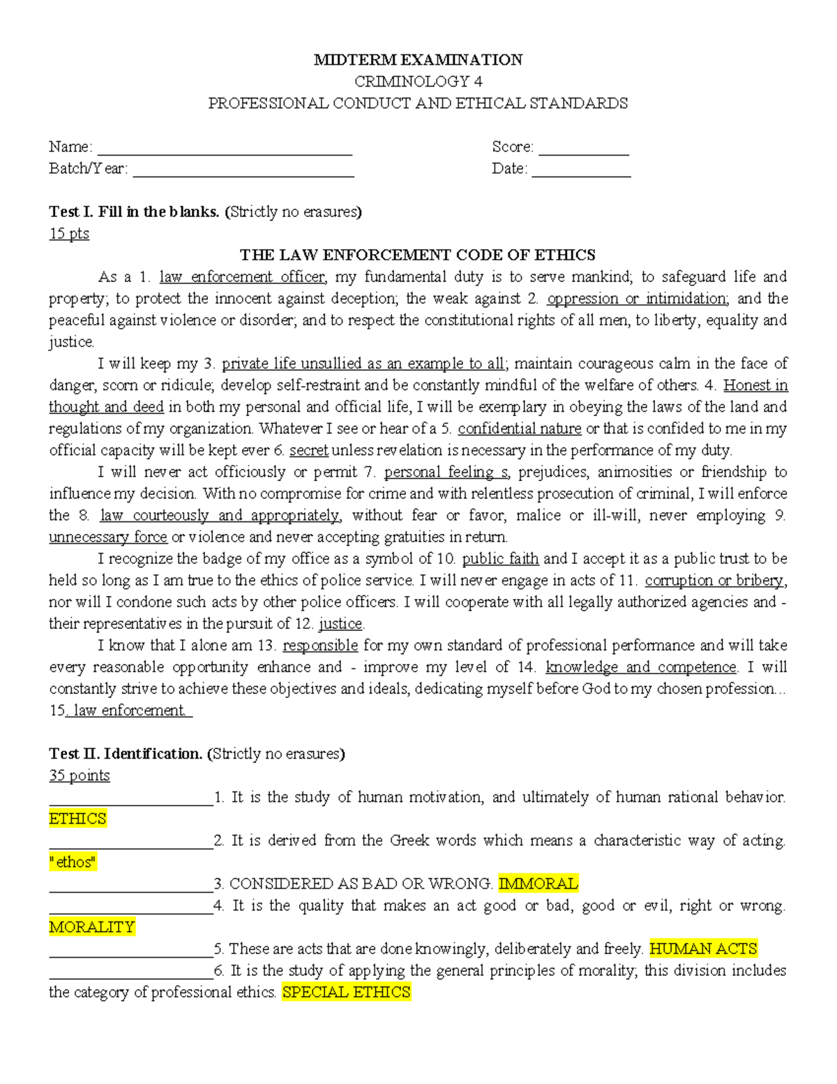CRIM 4 - Midterm Exam on Professional Conduct & Ethical Standards - Studocu