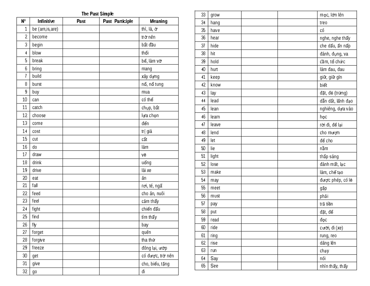 Irregular Verbs - Further Exercises for English 101 - Studocu