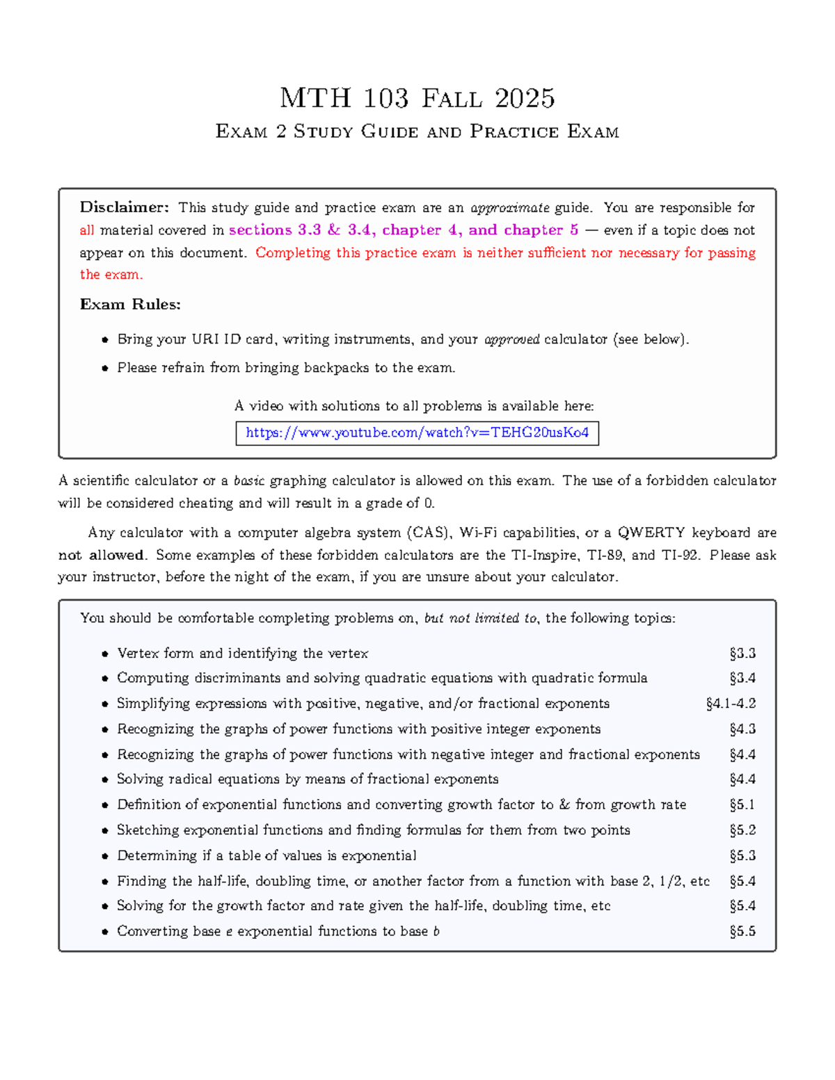 MTH 103 Fall 2025 Exam 2 Study Guide & Practice Questions - Studocu